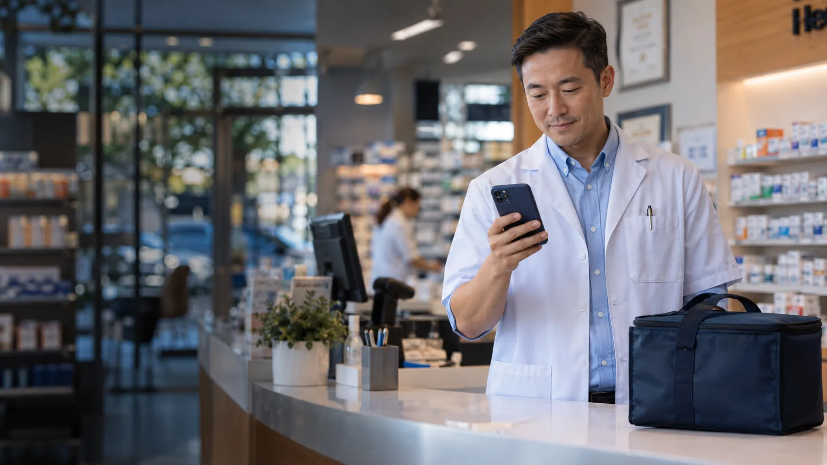 Pharmacy operations manager checking a smartphone beside a closed medical transport tote at the pharmacy counter