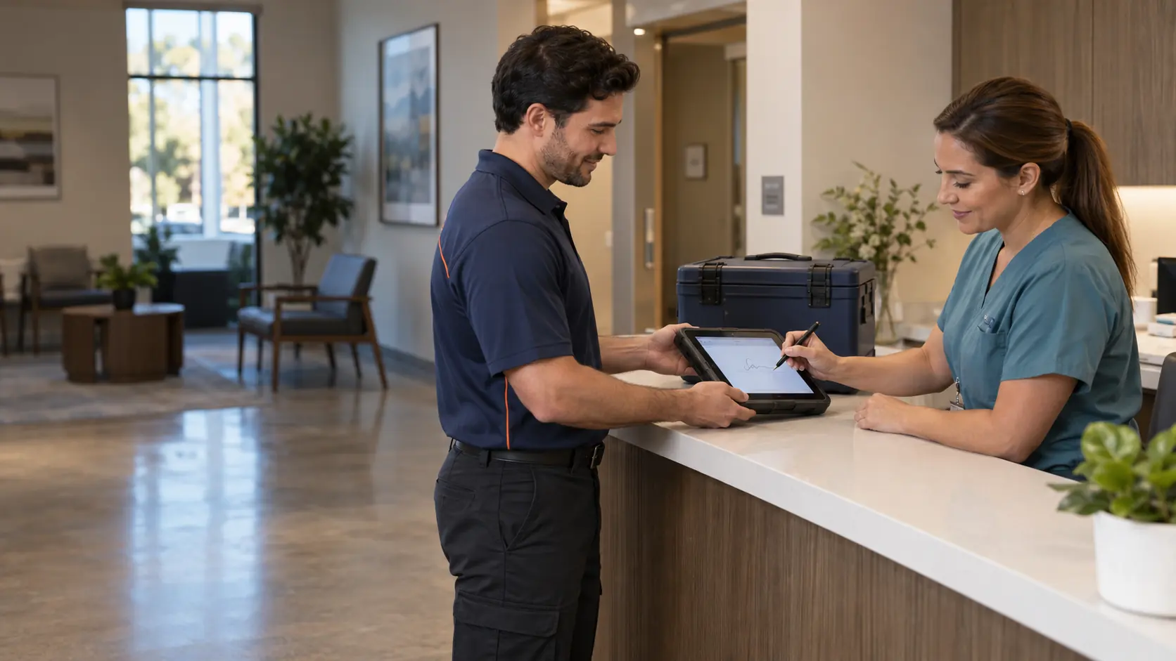 Medical courier and clinic receiving attendant documenting a sealed transport tote handoff on a tablet at reception