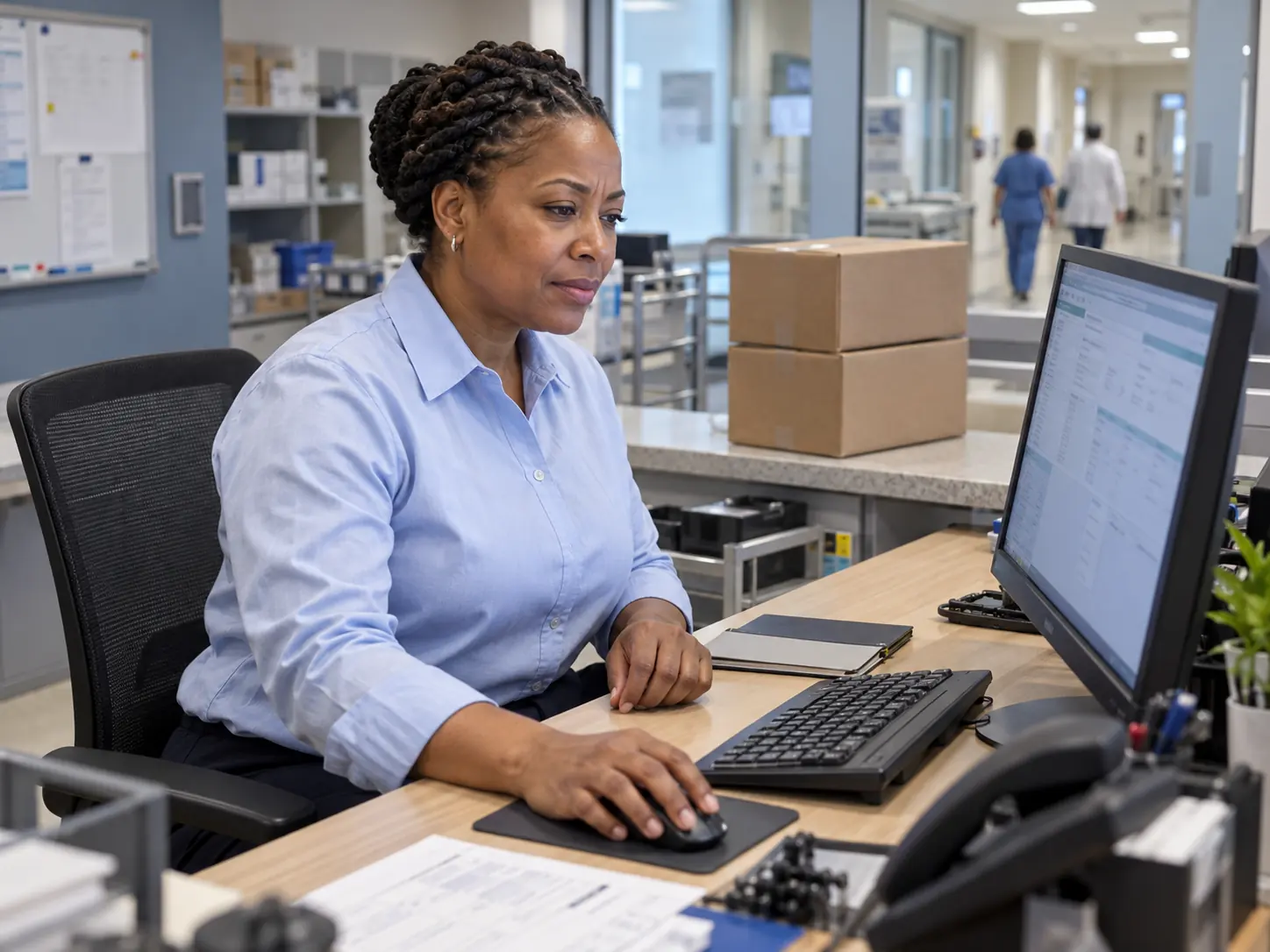 Hospital receiving coordinator reviewing a delivery record at a workstation beside sealed medical supply boxes