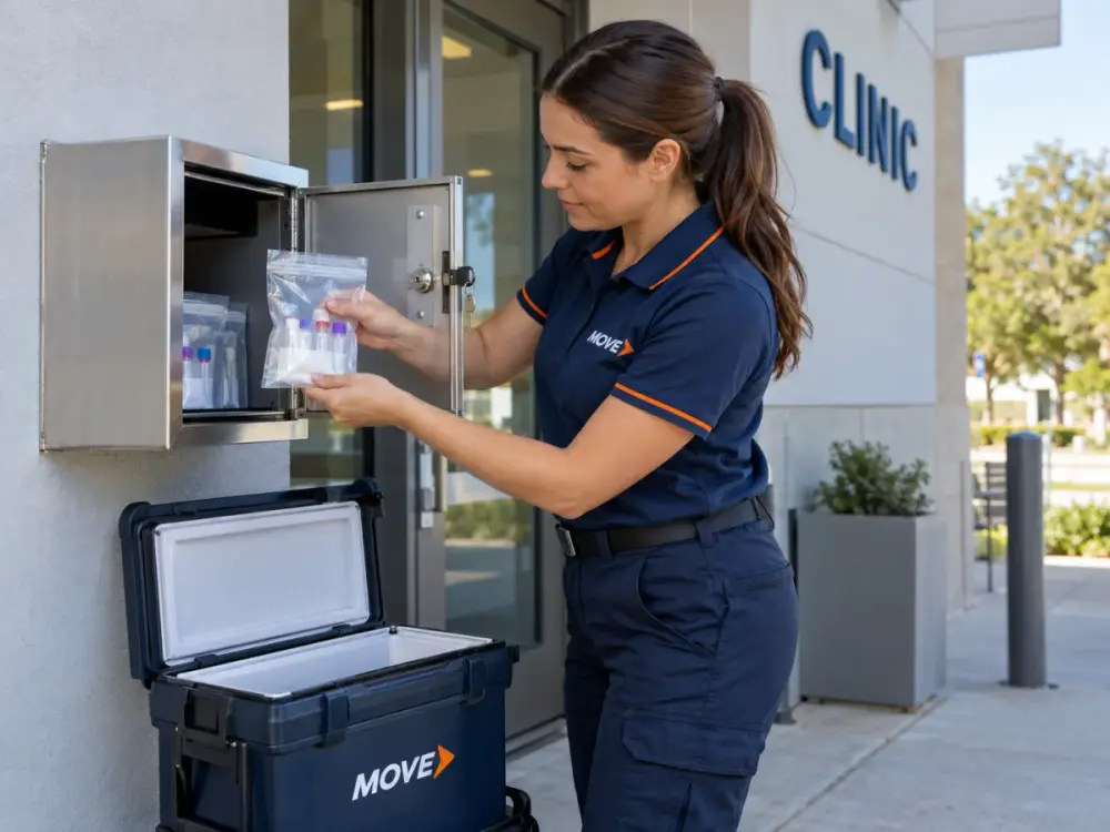 MOVE courier retrieving sealed laboratory samples from a secure pickup lockbox outside a clinic