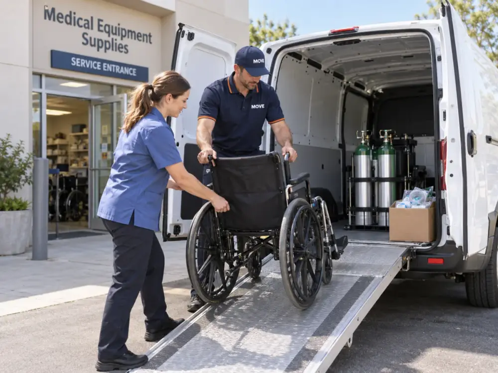 MOVE courier and medical equipment supplier loading a wheelchair into a cargo van with secured oxygen cylinders and boxed medical supplies