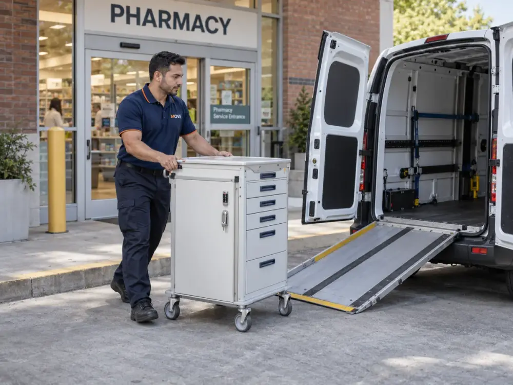 MOVE courier collecting a locked medication cart at a pharmacy beside the open cargo van and loading ramp