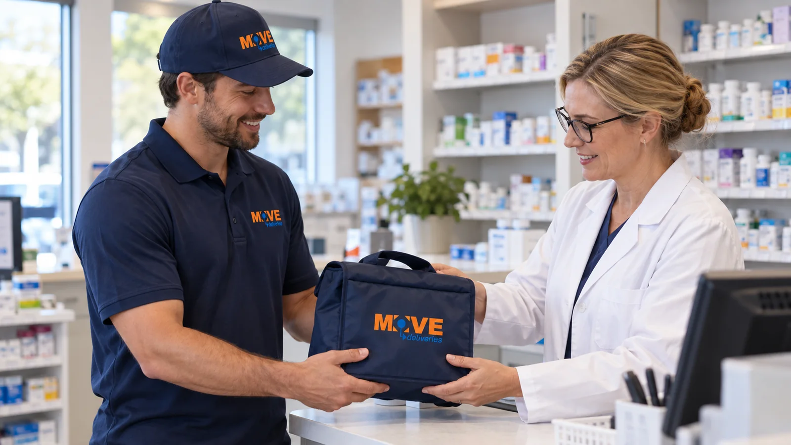 Courier and pharmacist checking a sealed delivery bag at the pharmacy counter