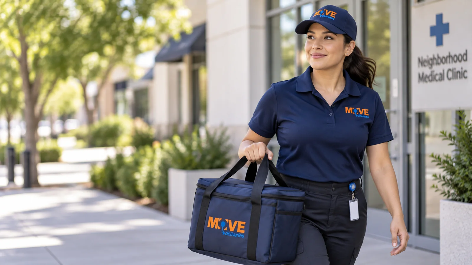 MOVE medical courier carrying a delivery bag outside a neighborhood clinic