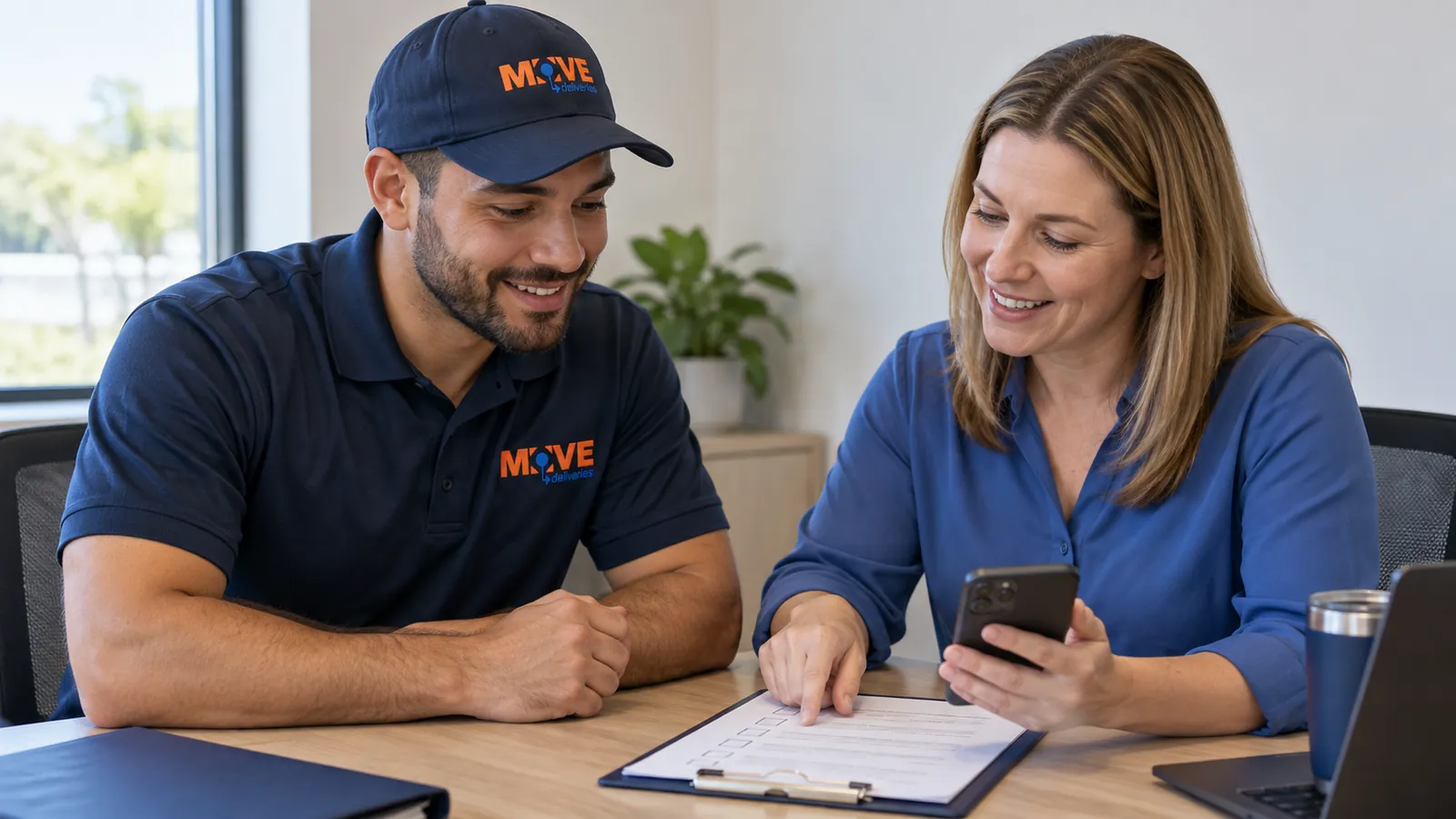 MOVE courier and coordinator reviewing a checklist and phone together