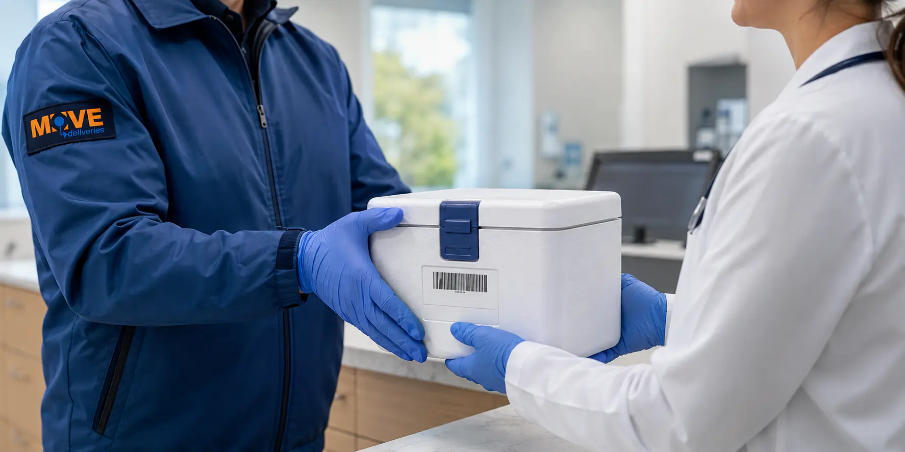 MOVE courier and healthcare professional transferring a sealed transport container
