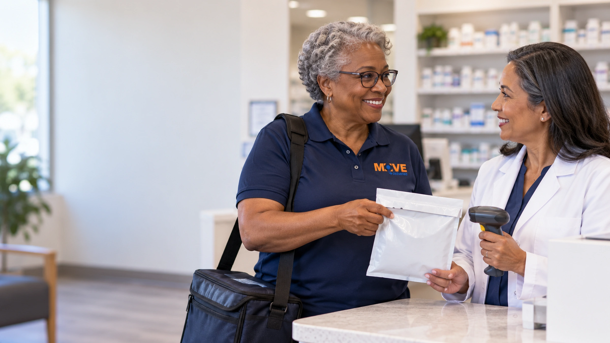 Experienced medical courier and pharmacist verifying a sealed pharmacy pouch