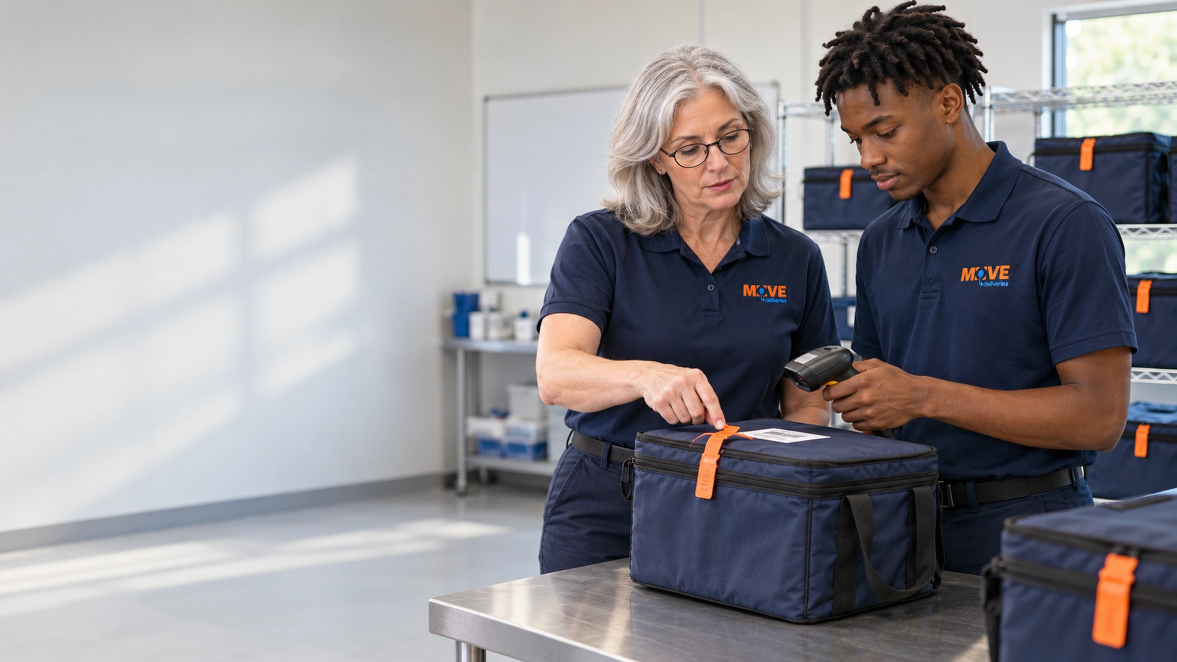 Courier mentor teaching a new driver how to verify a seal and scan a medical carrier