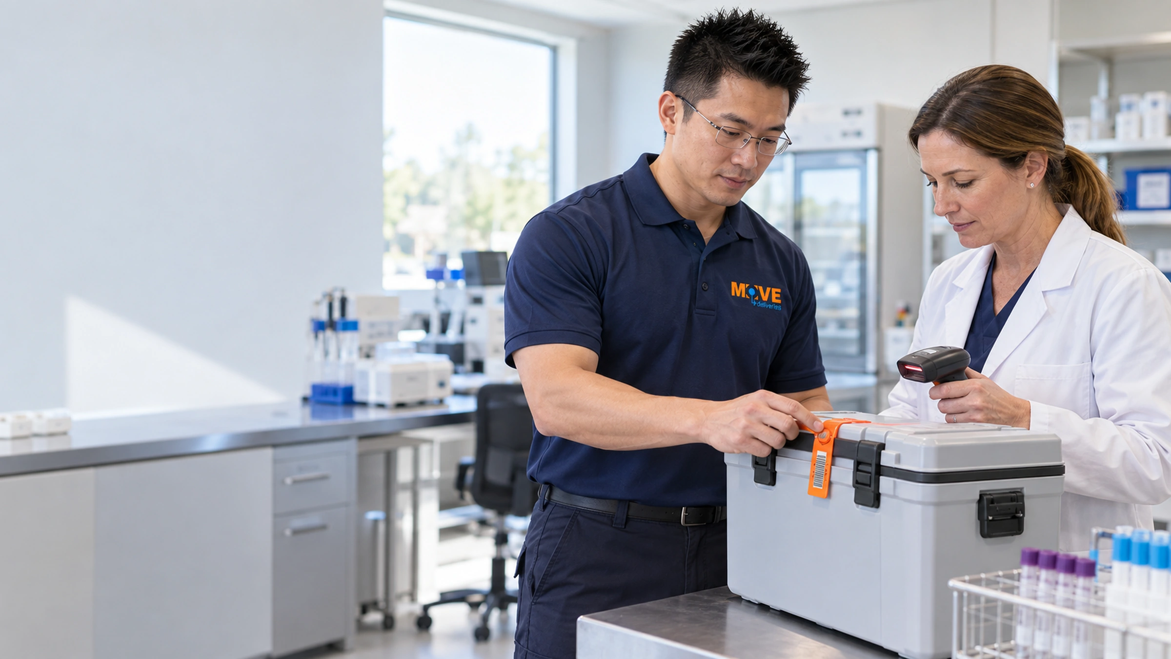 Courier and laboratory manager checking a tamper-evident seal and scanning a carrier