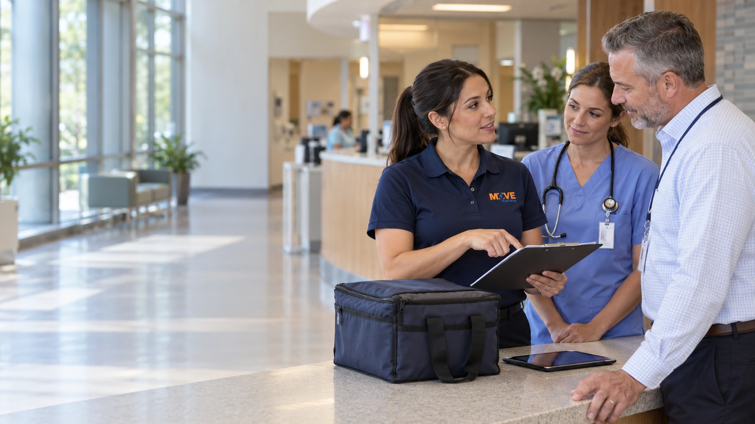 Medical courier company illustration: MOVE coordinator discussing a pickup schedule with a hospital manager and nurse