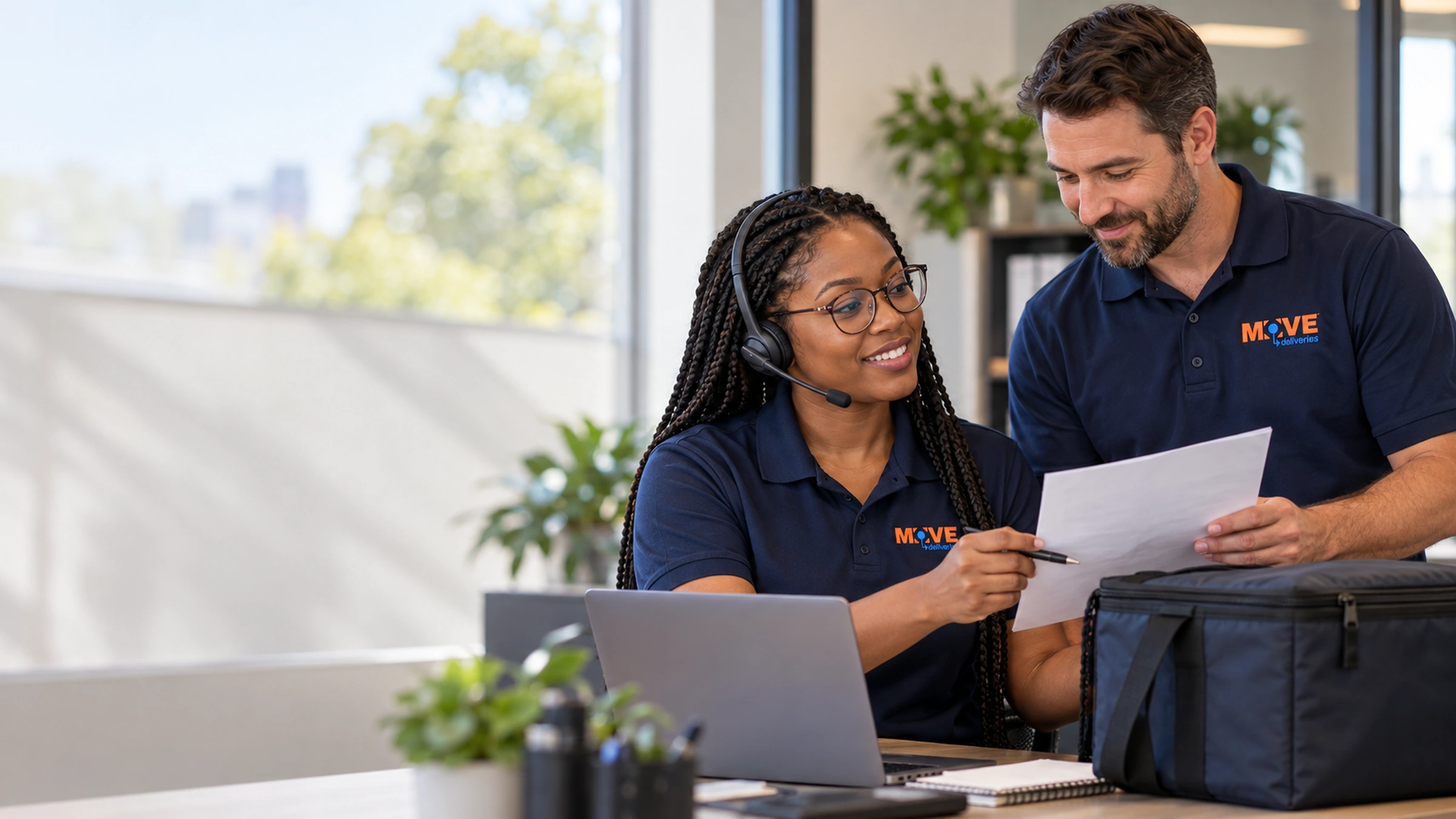 Customer-support coordinator collaborating with a colleague on a delivery request