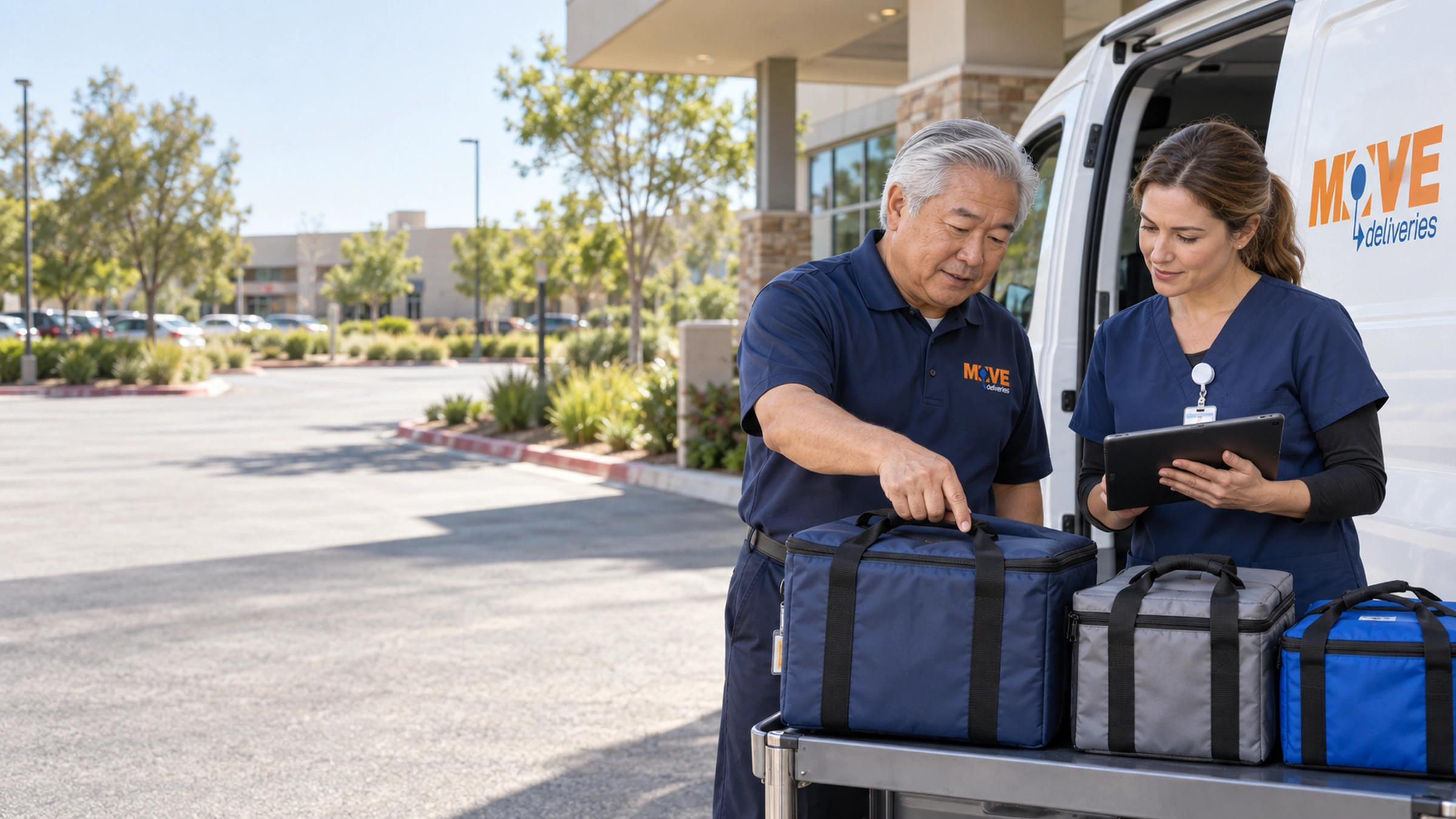 Courier and clinic coordinator arranging medical carriers in local delivery-stop order