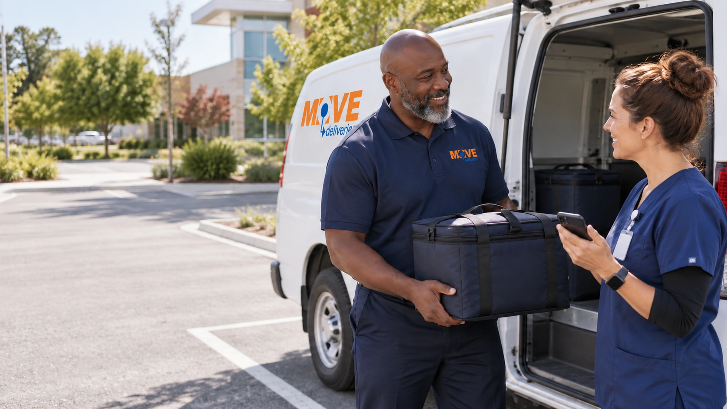 Courier and receiving coordinator confirming arrival beside a parked medical-delivery van