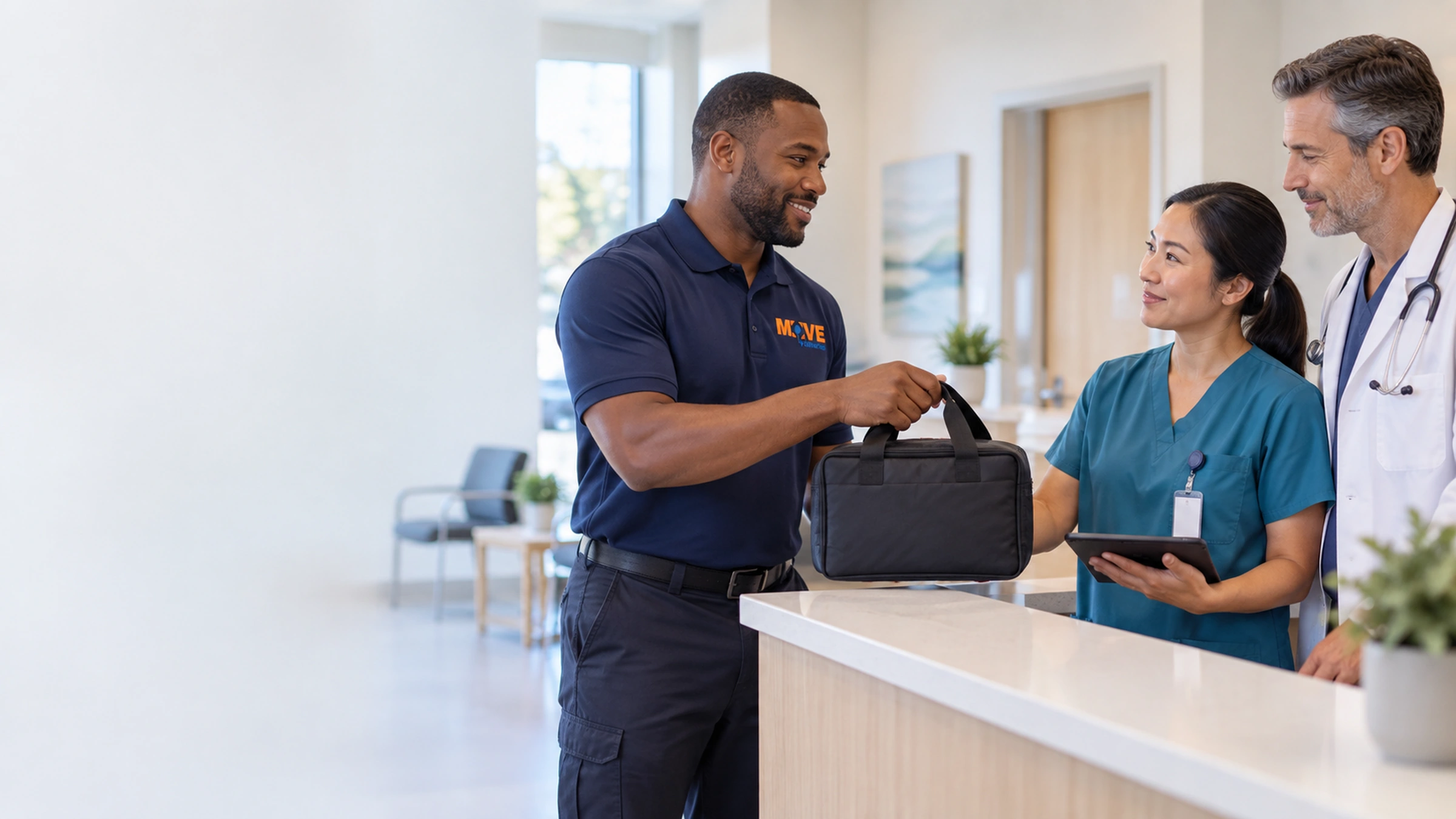 Medical courier handing a sealed transport bag to a nurse and doctor at a local clinic