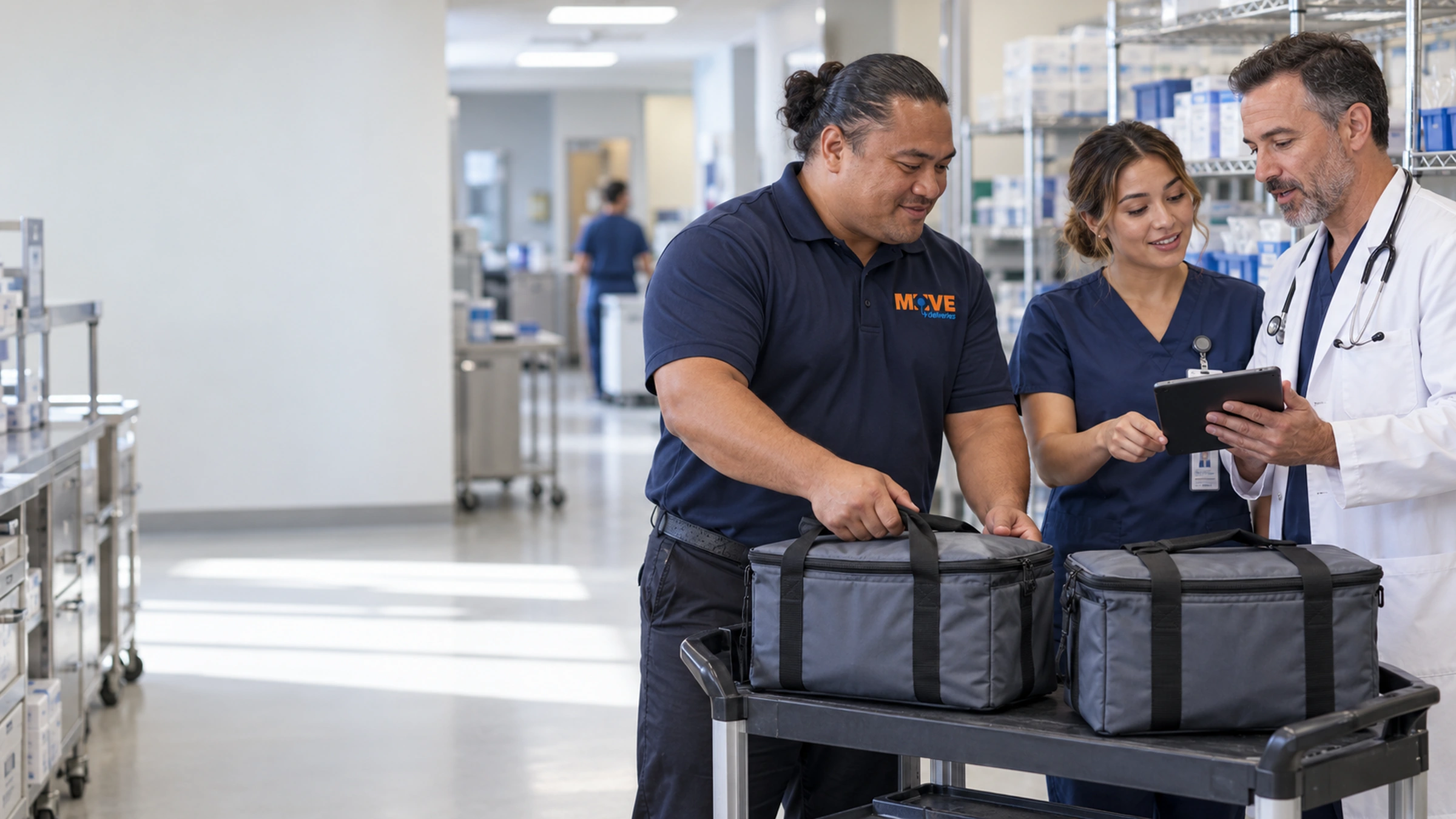 Courier, nurse and doctor organizing sealed medical totes on a hospital supply cart