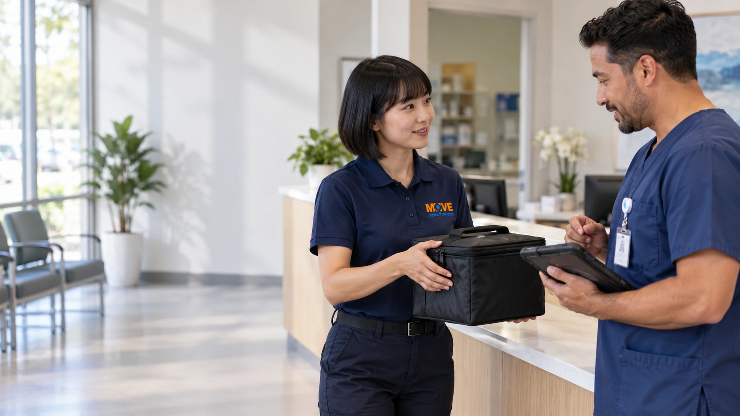 Courier and nurse confirming a sealed medical-bag handoff with a tablet