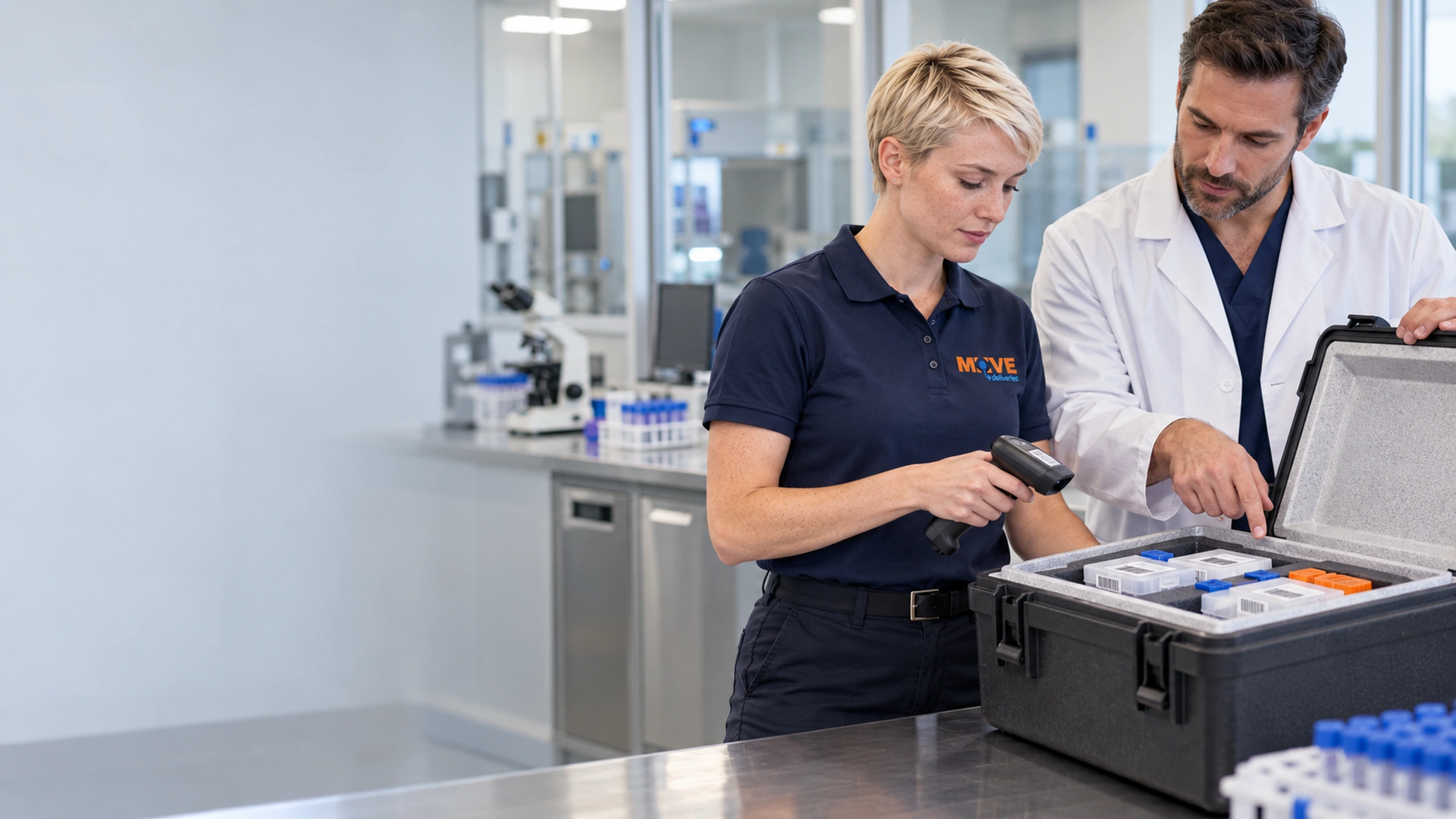 Courier and laboratory manager checking sealed containers in an insulated transport case