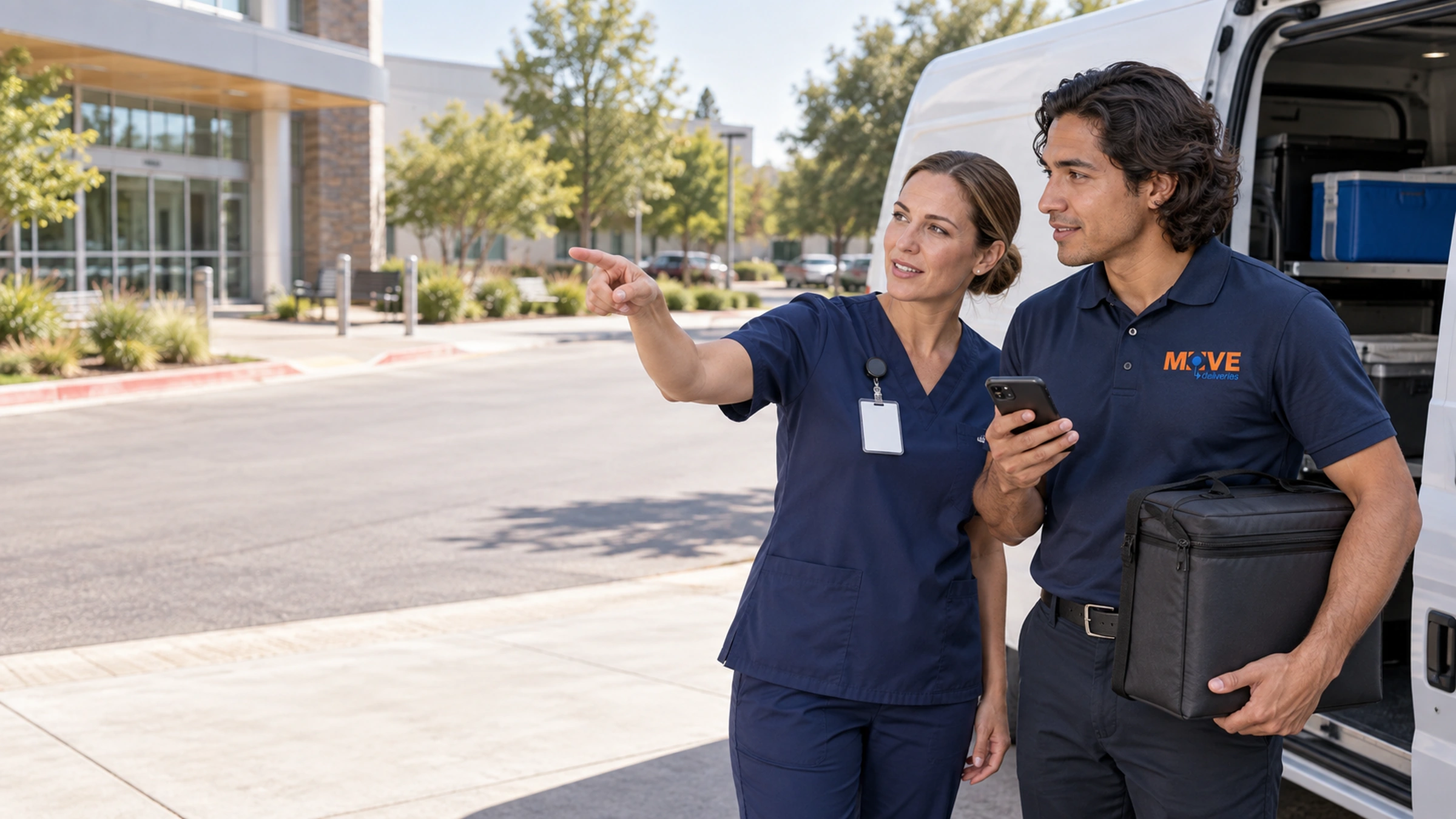 Courier and clinic coordinator reviewing the next local stop beside a parked delivery van