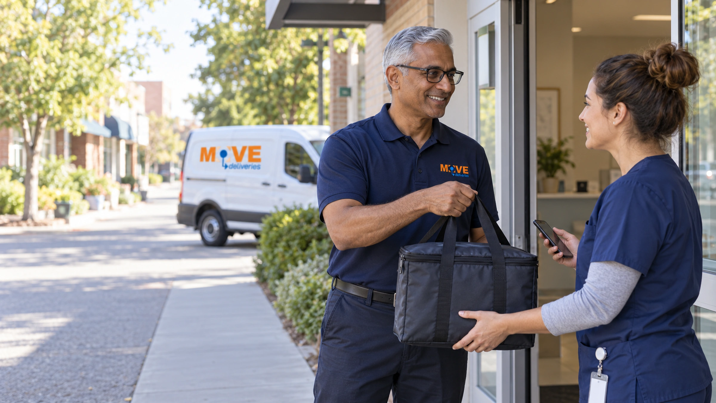 Medical courier and nurse completing a local clinic delivery beside a neighborhood street