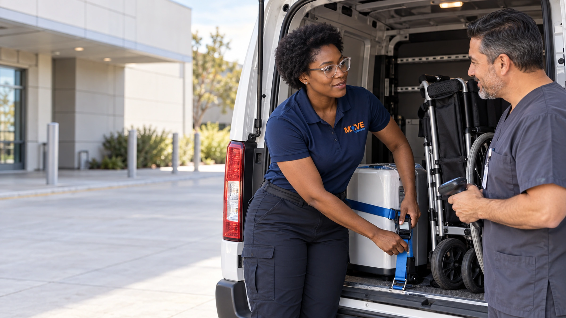 Courier and supplier technician securing medical equipment inside a parked delivery van