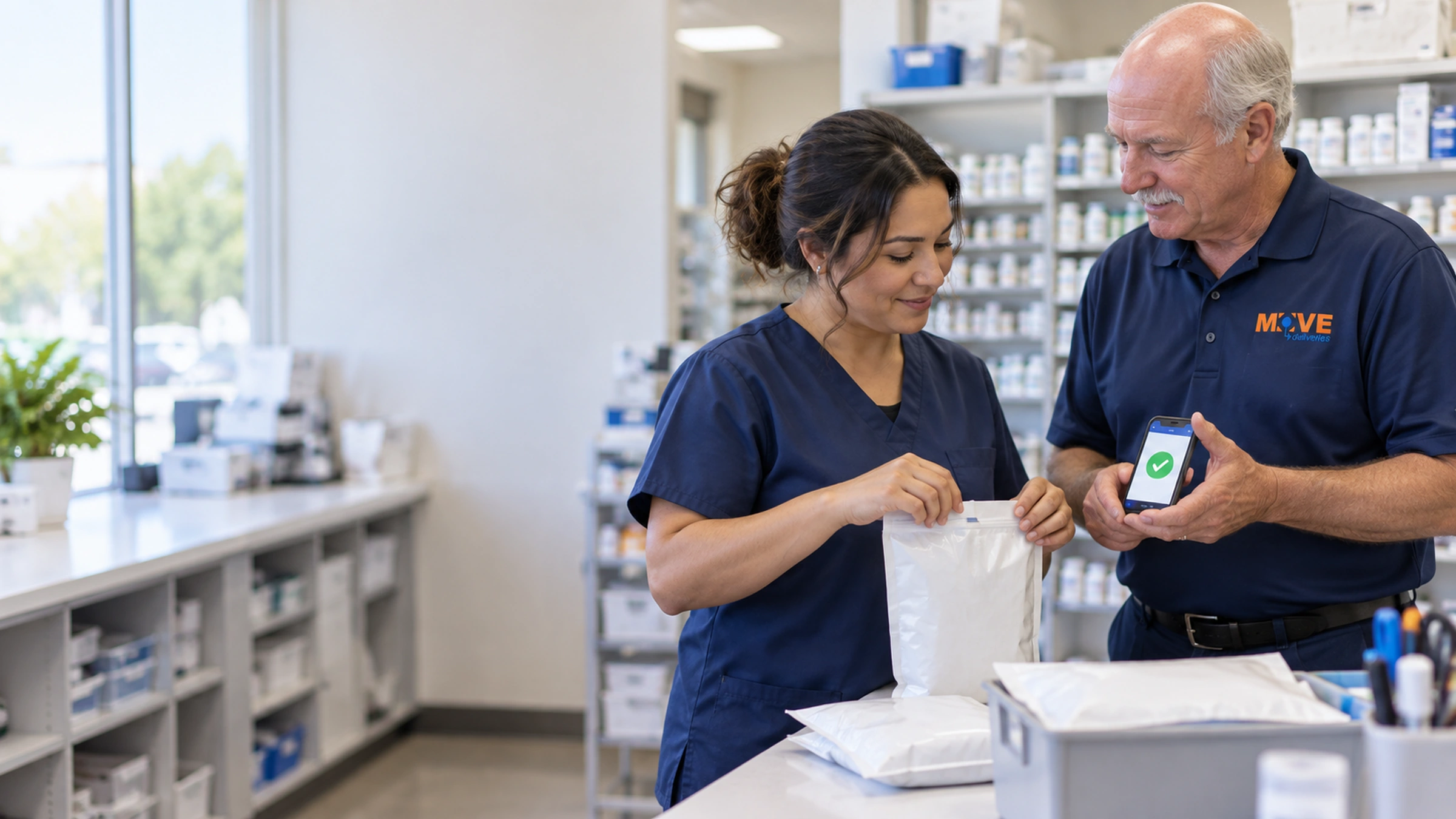 Pharmacy technician preparing a sealed order while a courier shares a pickup notification