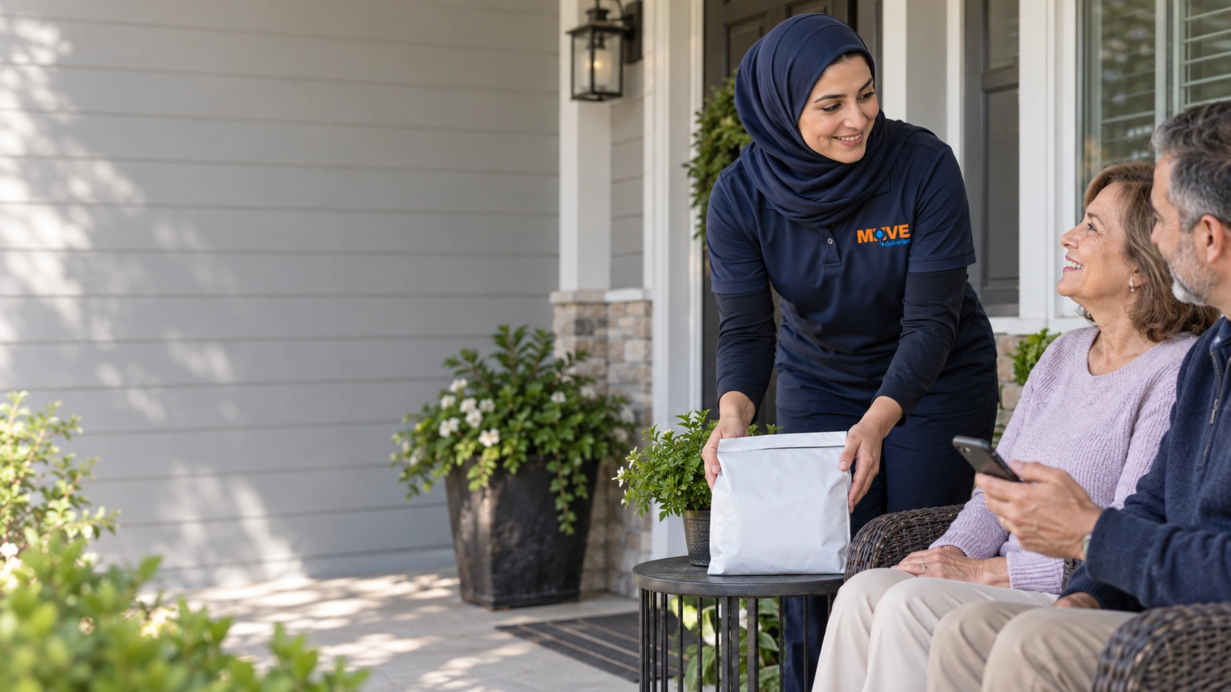 Courier delivering a sealed pharmacy pouch to a patient and family member at home