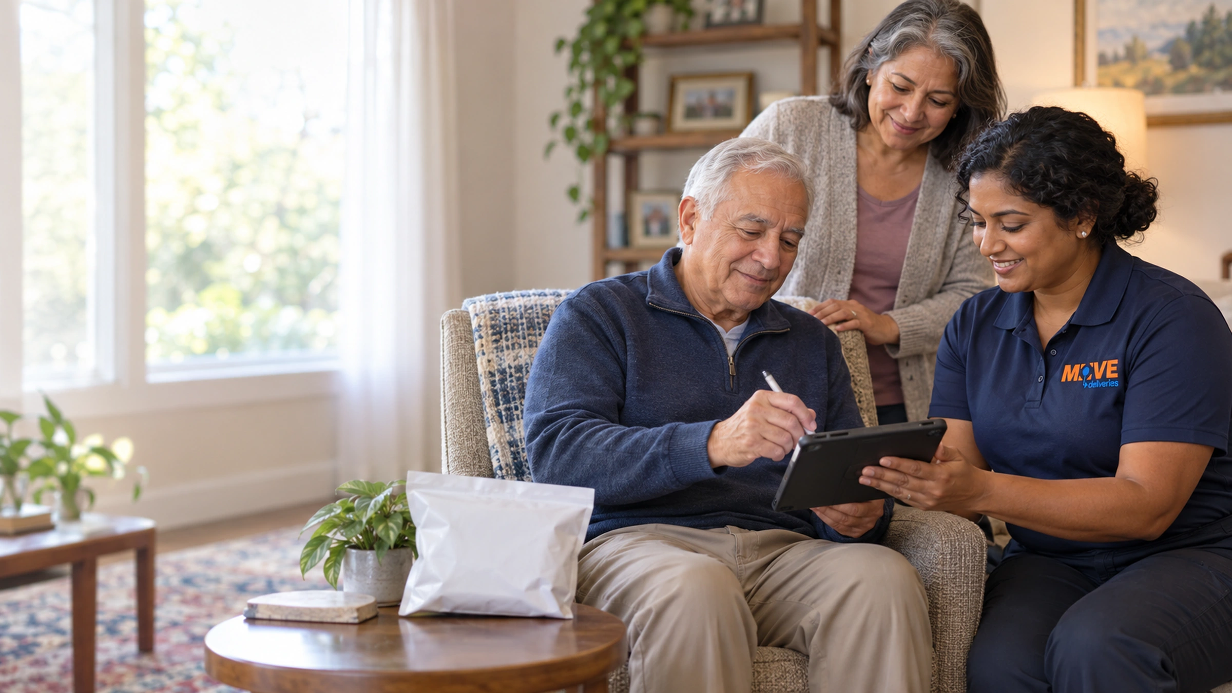 Patient confirming delivery on a courier’s tablet while a family caregiver looks on