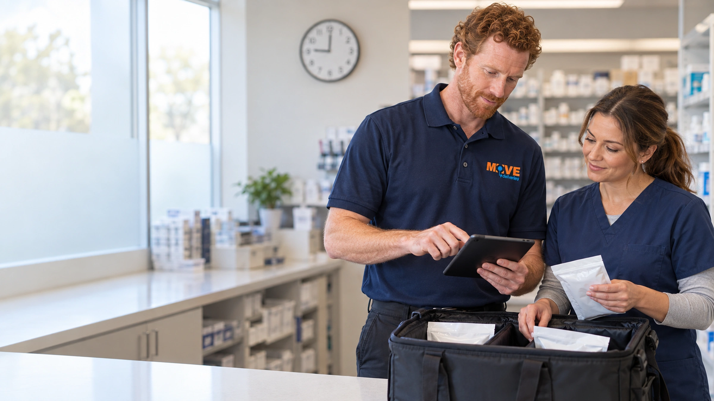 Regular courier and pharmacy technician organizing pouches for a scheduled pickup