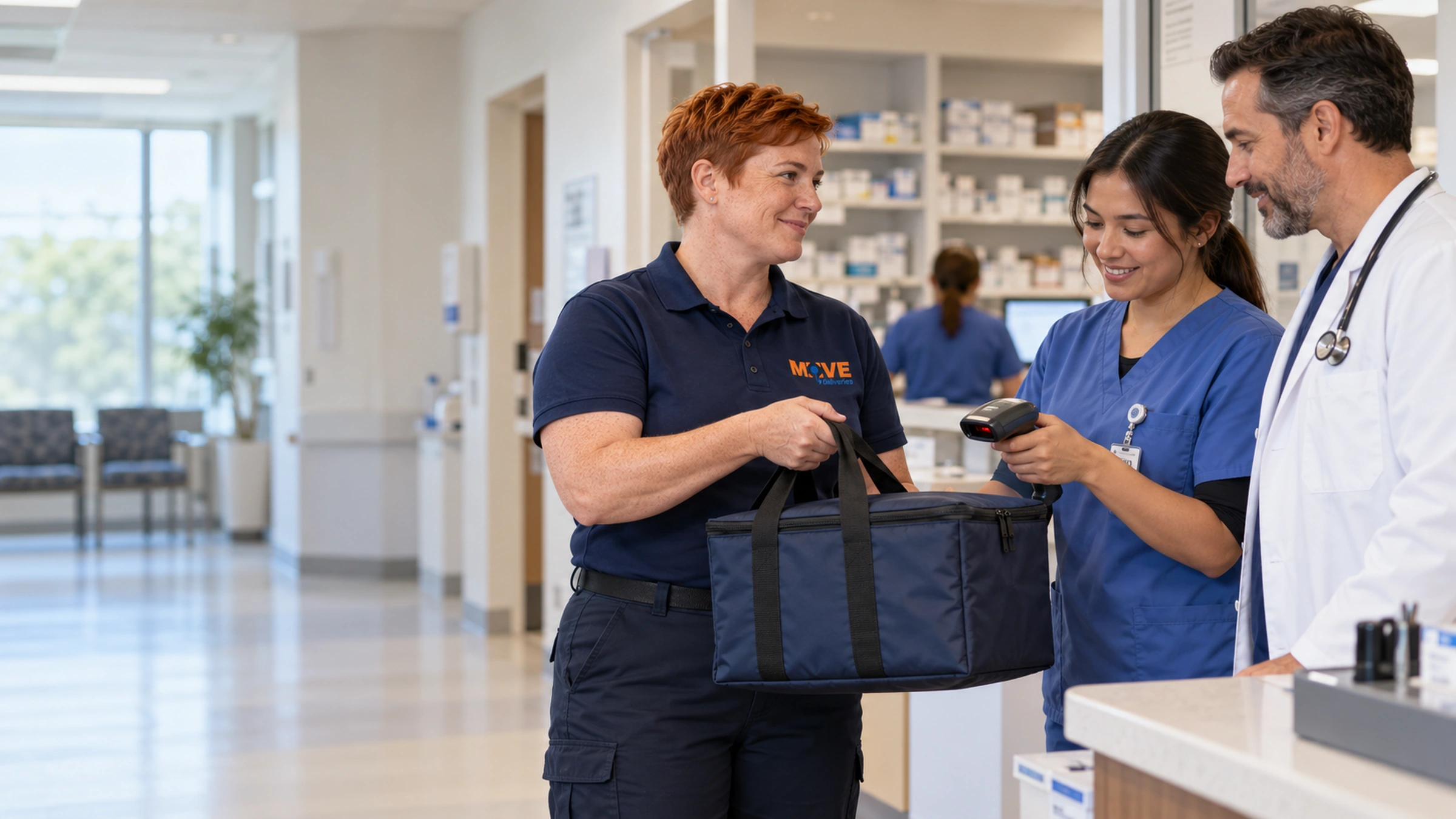 Courier, pharmacy technician and physician coordinating a medical delivery