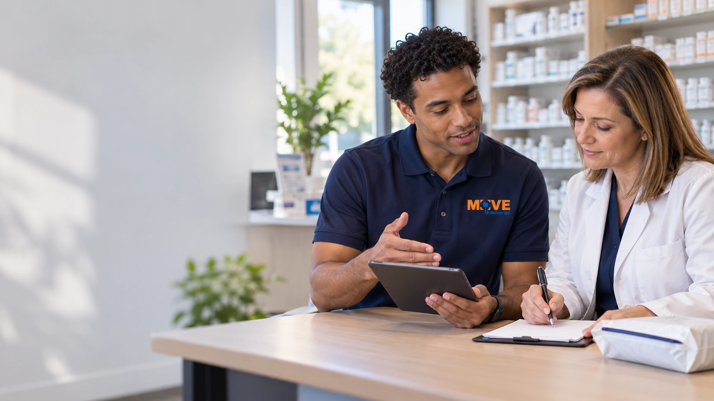 MOVE account coordinator helping a pharmacy owner complete account setup