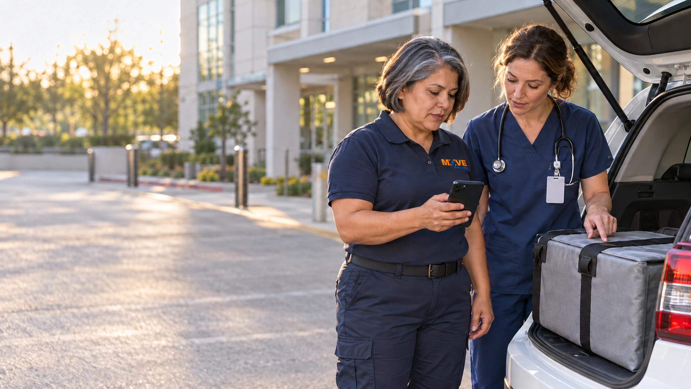 Courier and nurse checking an urgent local pickup beside a parked delivery car