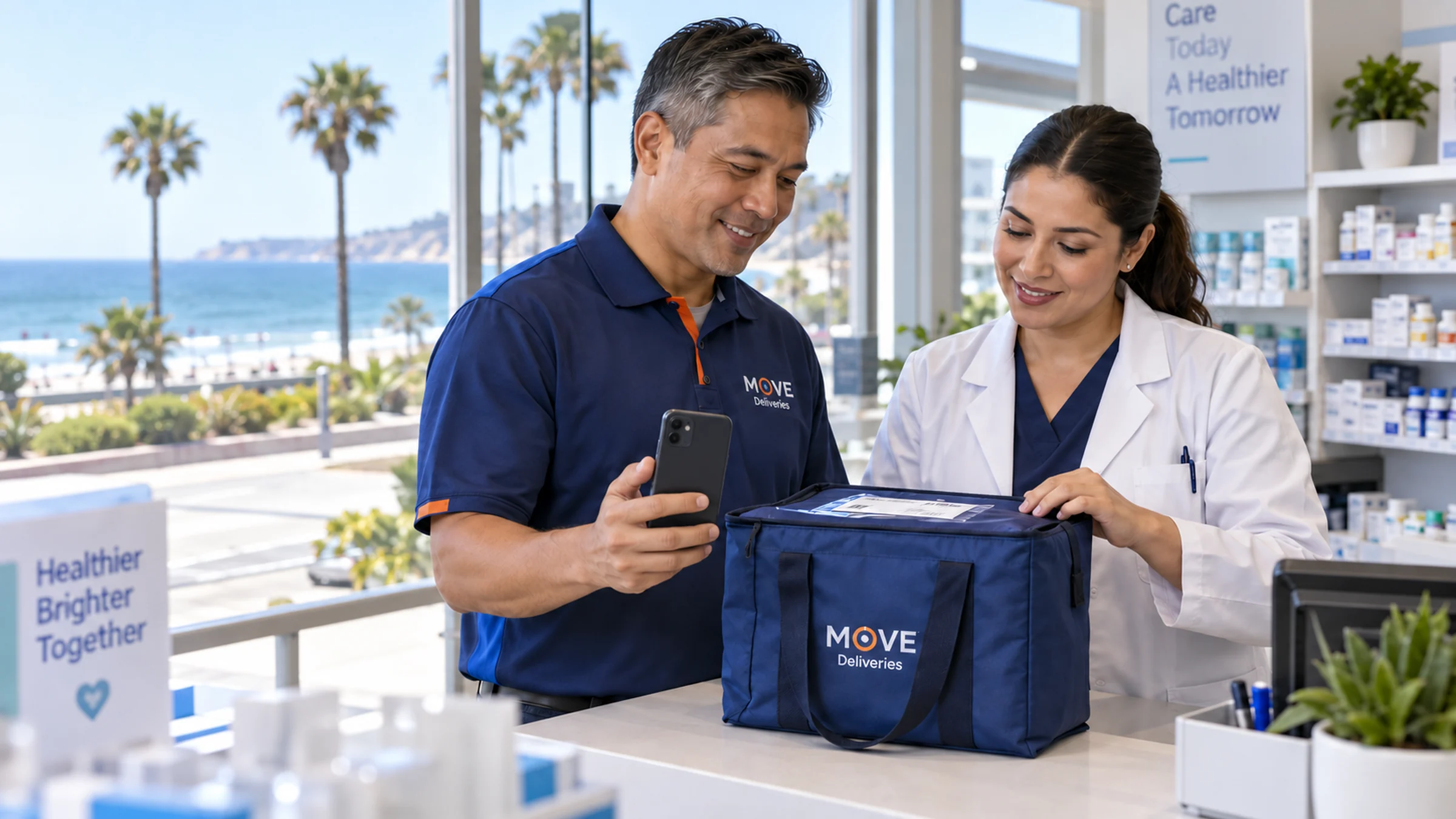 Illustrative California pharmacy handoff with a courier and pharmacy technician