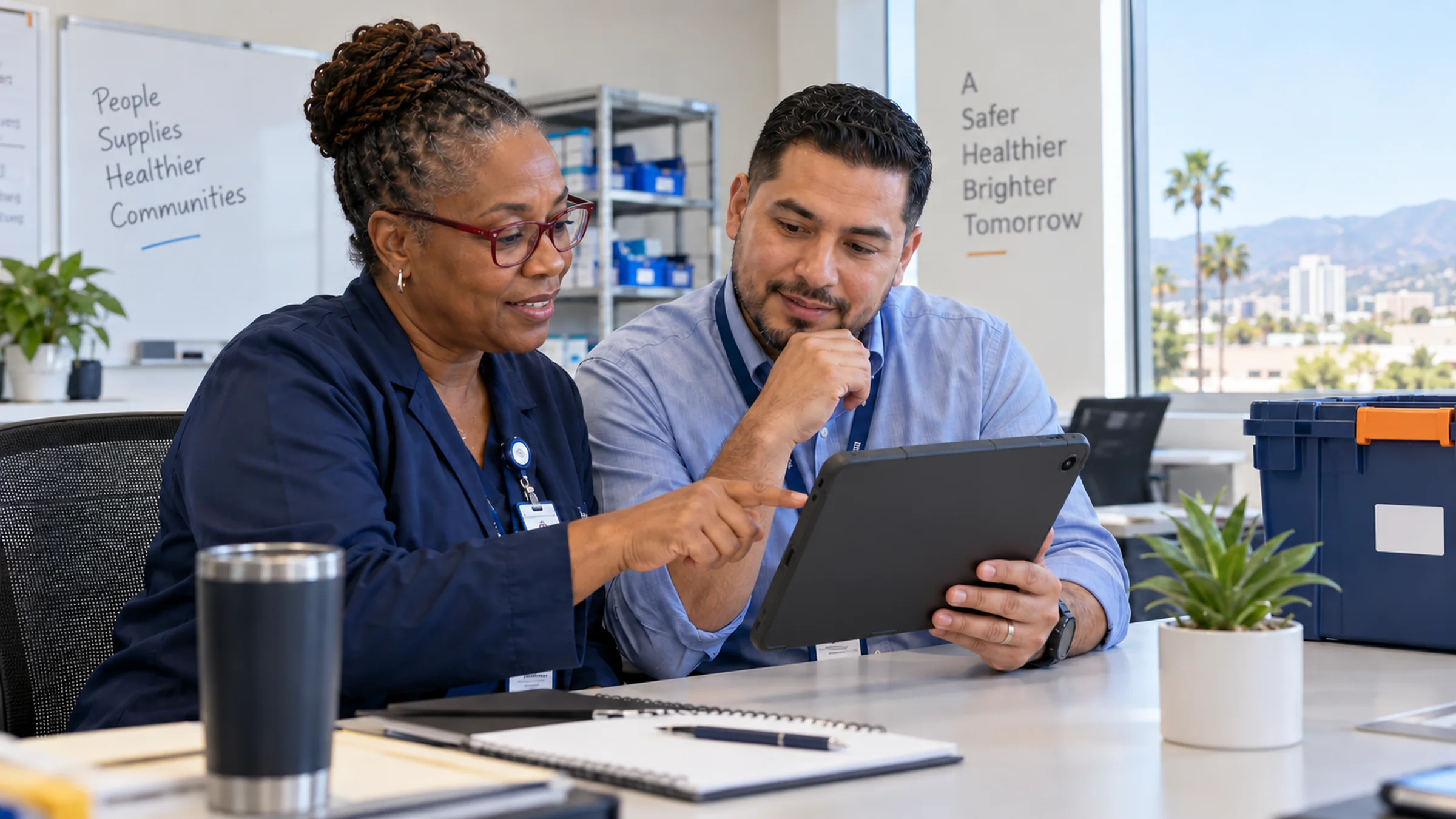 Illustrative California delivery coordinator reviewing a route with a healthcare colleague