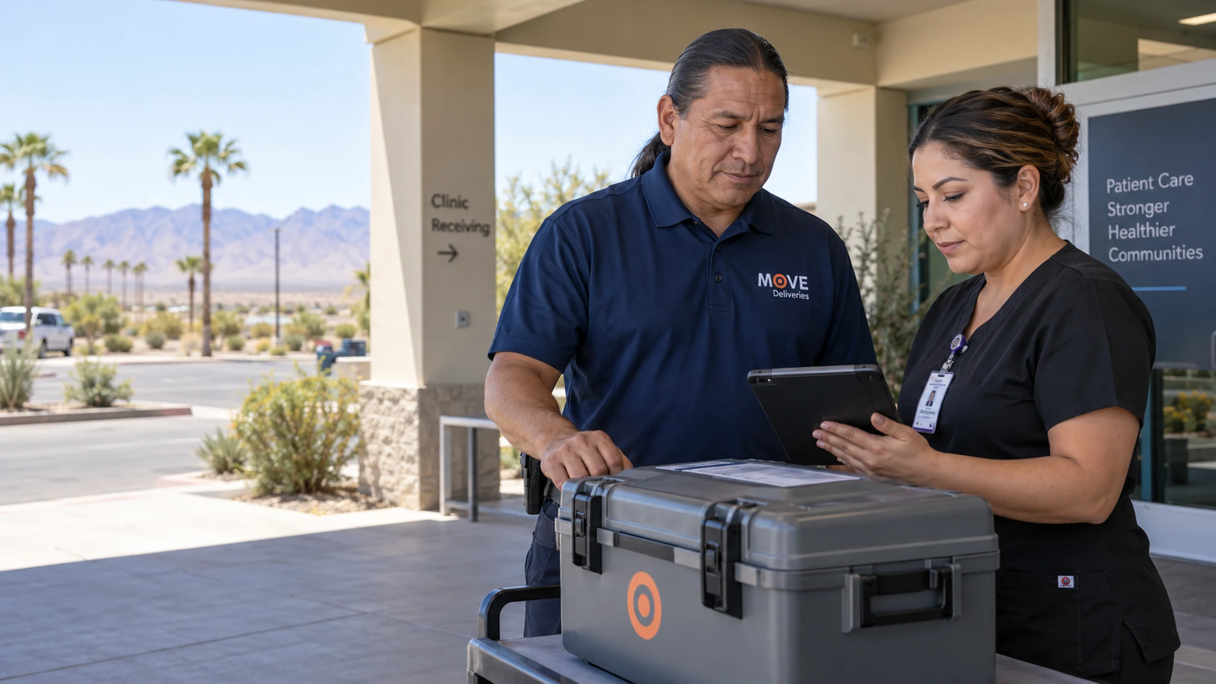 Illustrative Imperial Valley courier and clinic manager checking a closed supply case