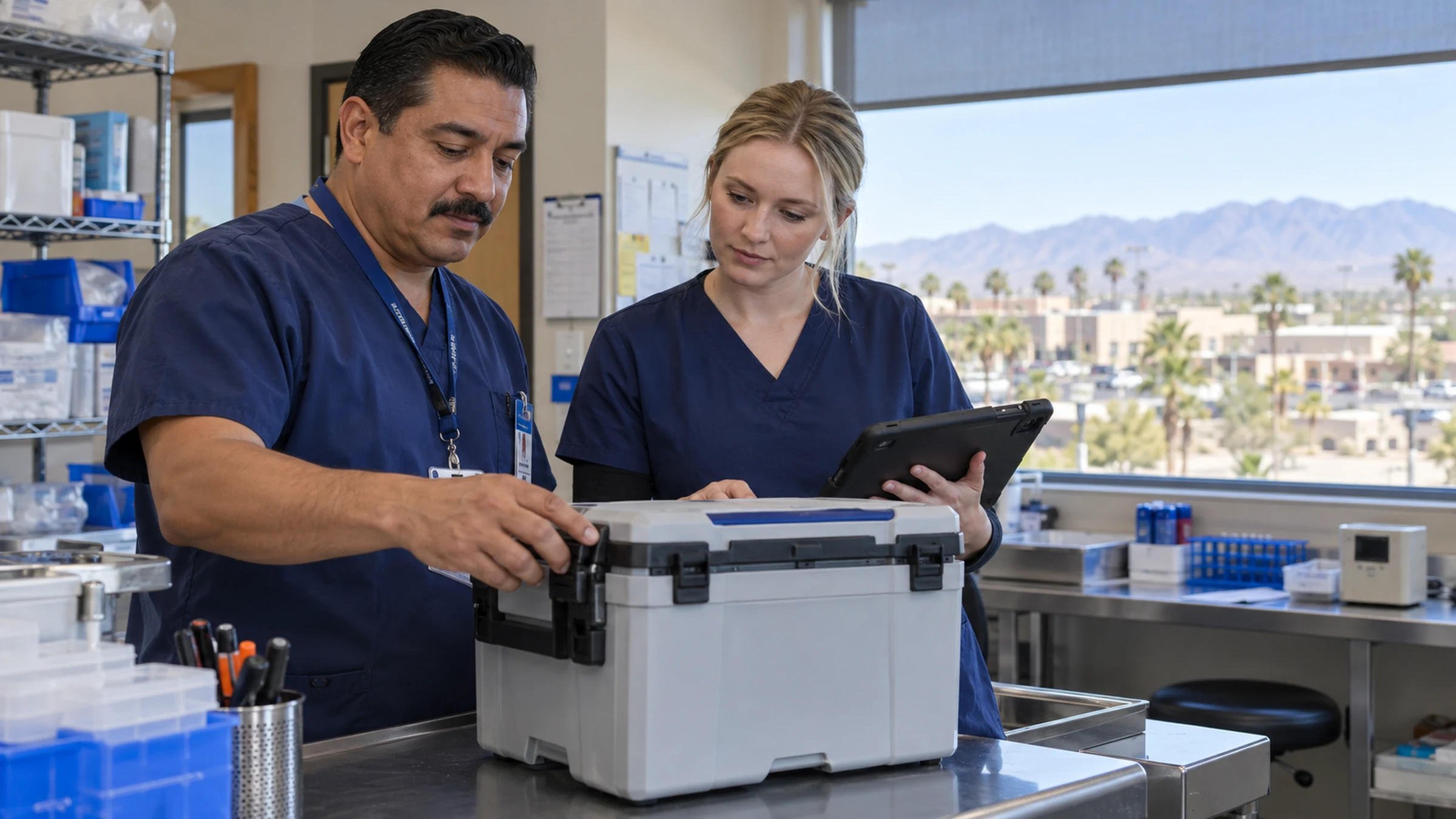 Illustrative Imperial Valley laboratory staff reviewing a sealed transport case