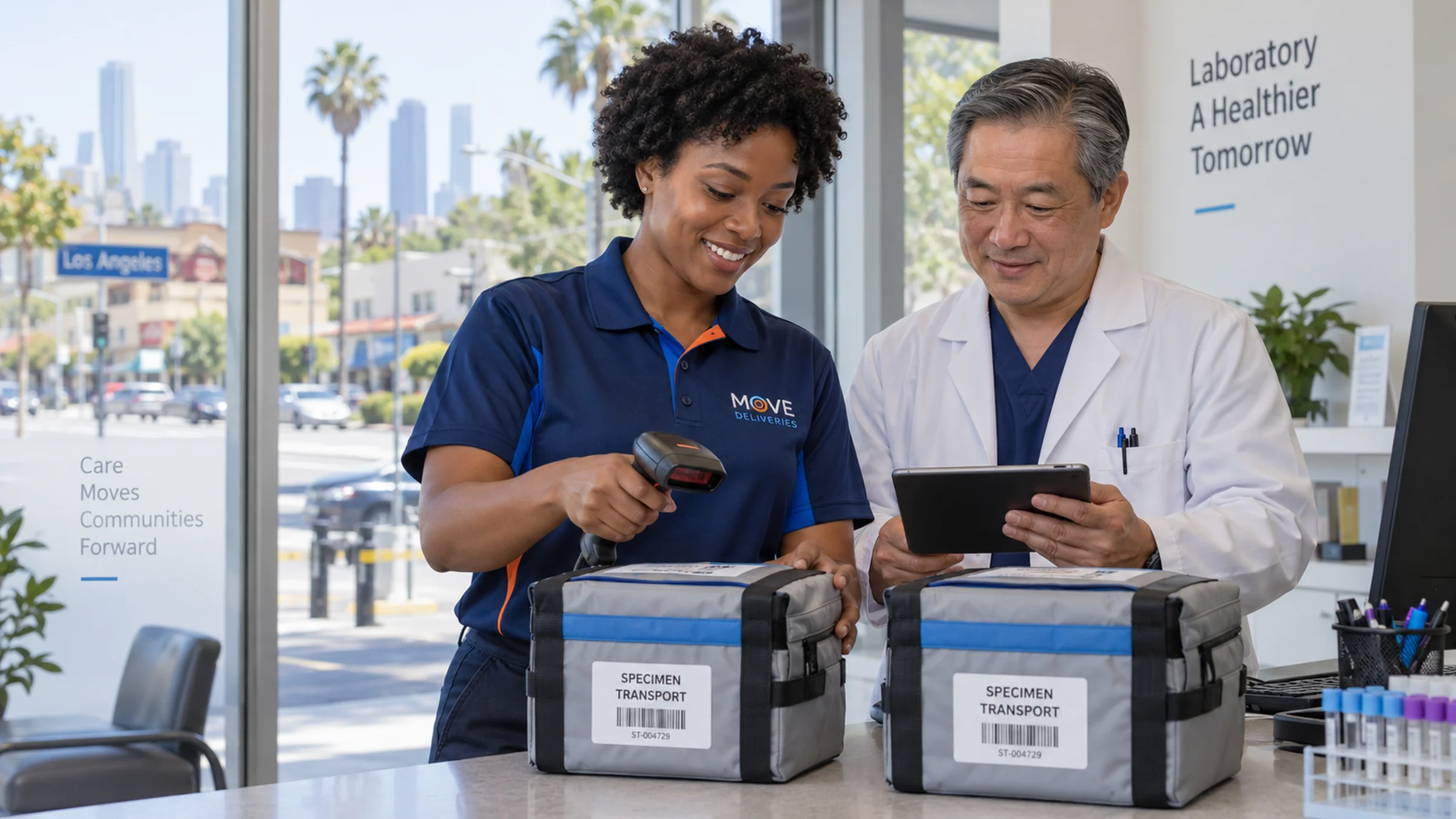 Illustrative Los Angeles County courier and laboratory coordinator verifying a sealed case
