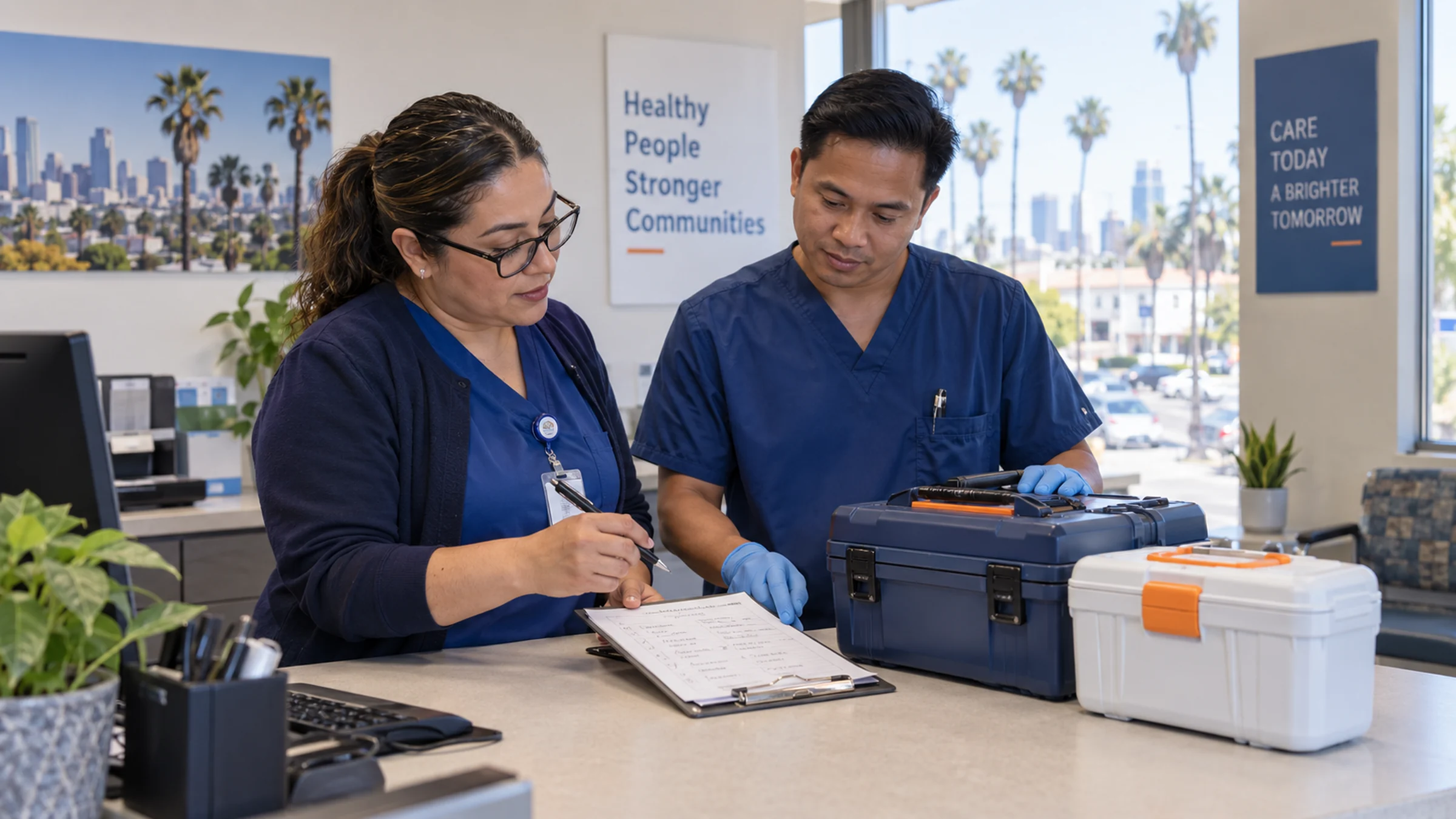 Illustrative Los Angeles clinic staff reviewing receiving instructions