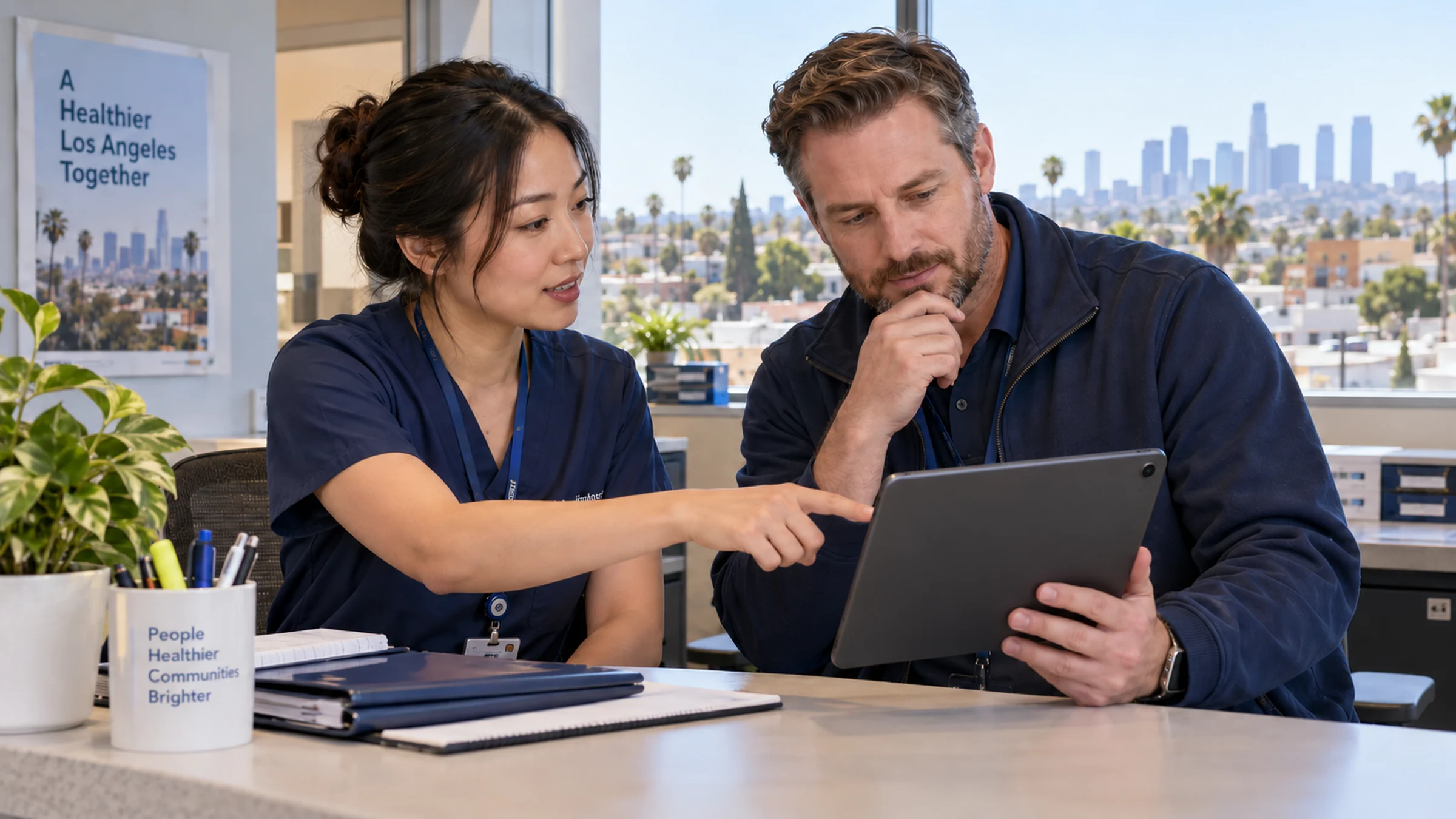 Illustrative Los Angeles delivery planner checking a department handoff on a tablet