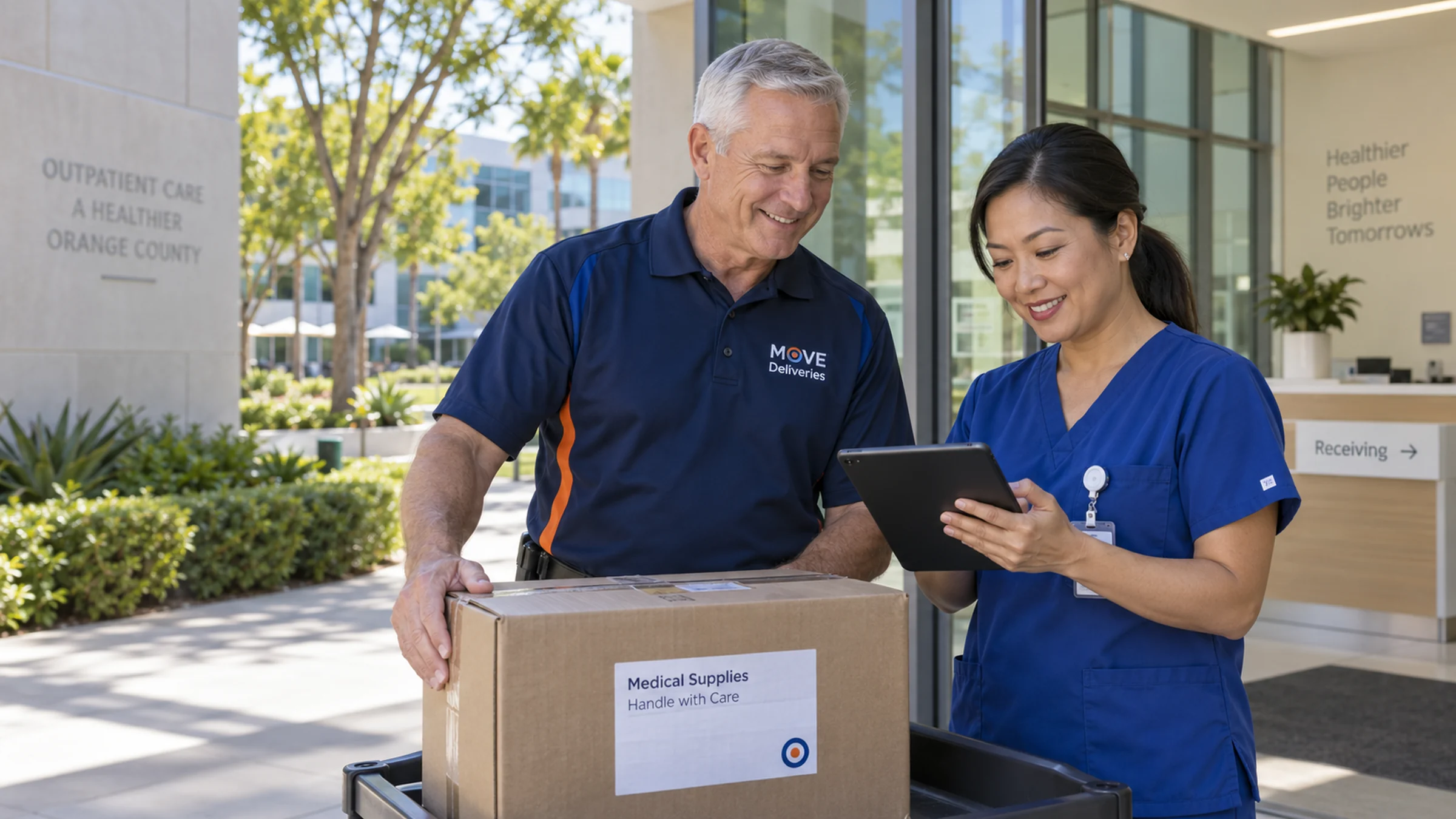 Illustrative Orange County medical-supply handoff between a courier and nurse