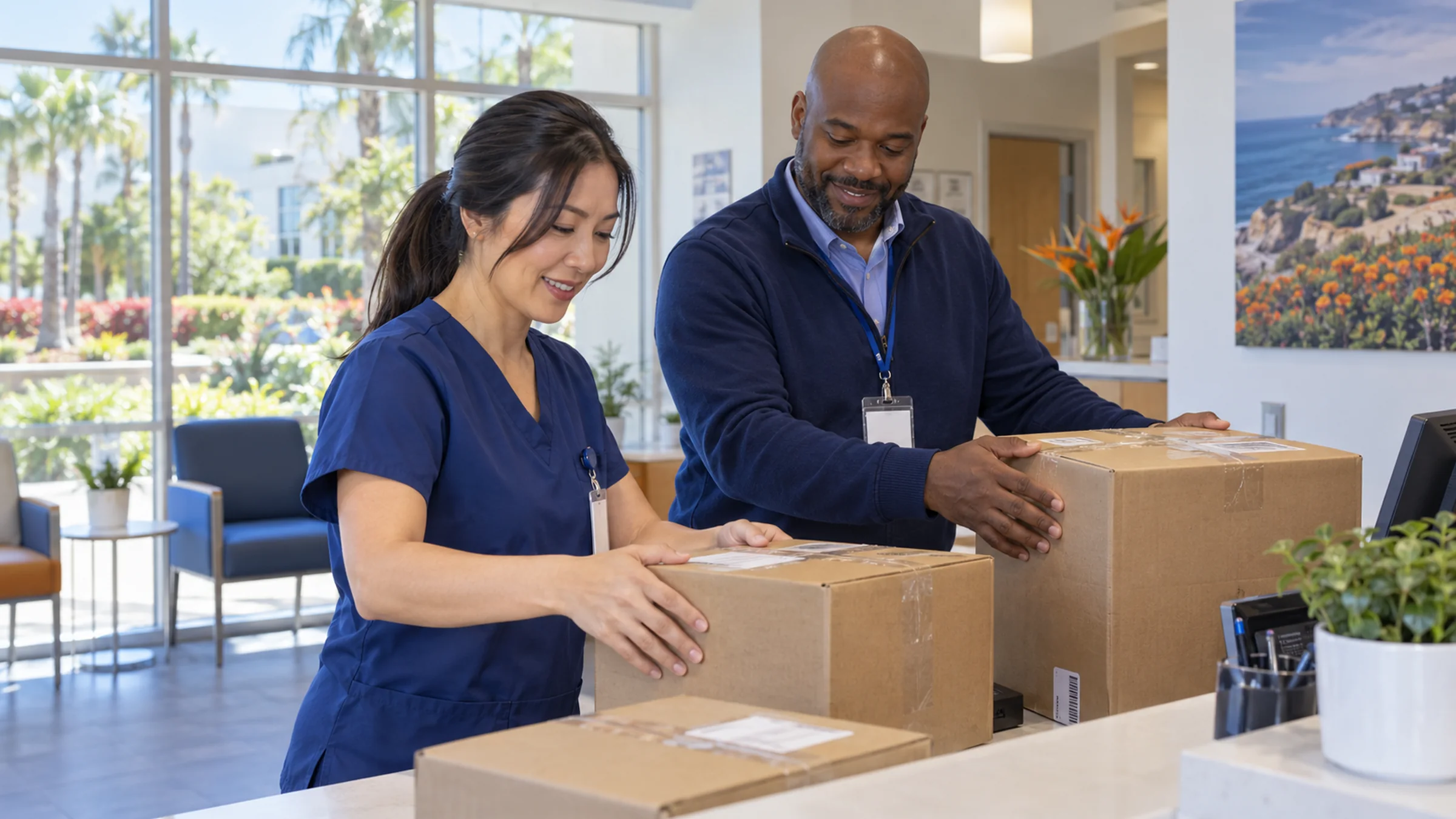 Illustrative Orange County clinic team preparing sealed supply cartons