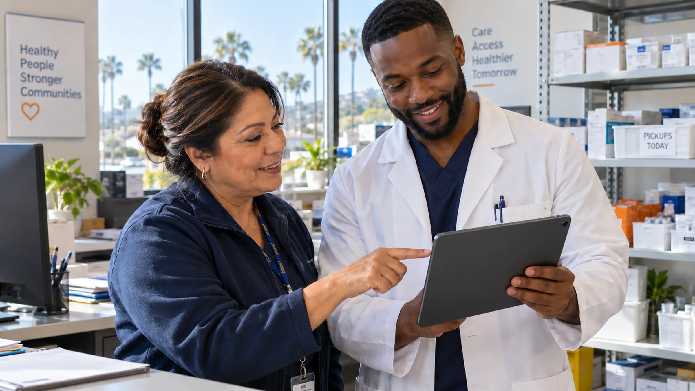 Illustrative Orange County coordinator reviewing pickup milestones with a pharmacist