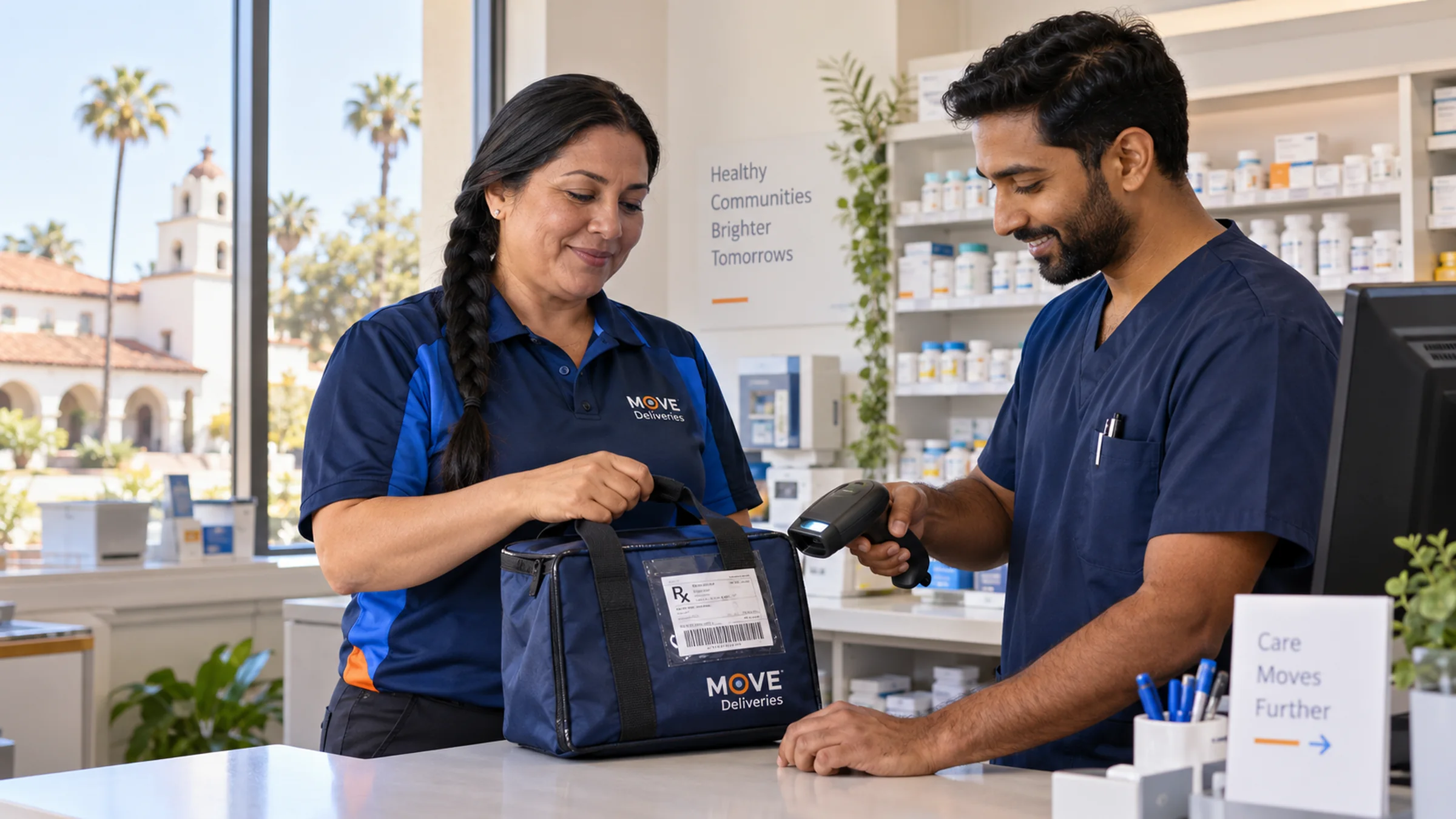 Illustrative Riverside County courier and pharmacy technician scanning a sealed transport bag