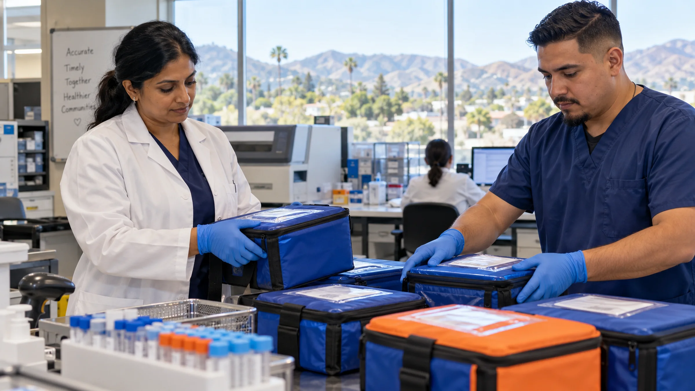 Illustrative Riverside County laboratory staff organizing closed carriers