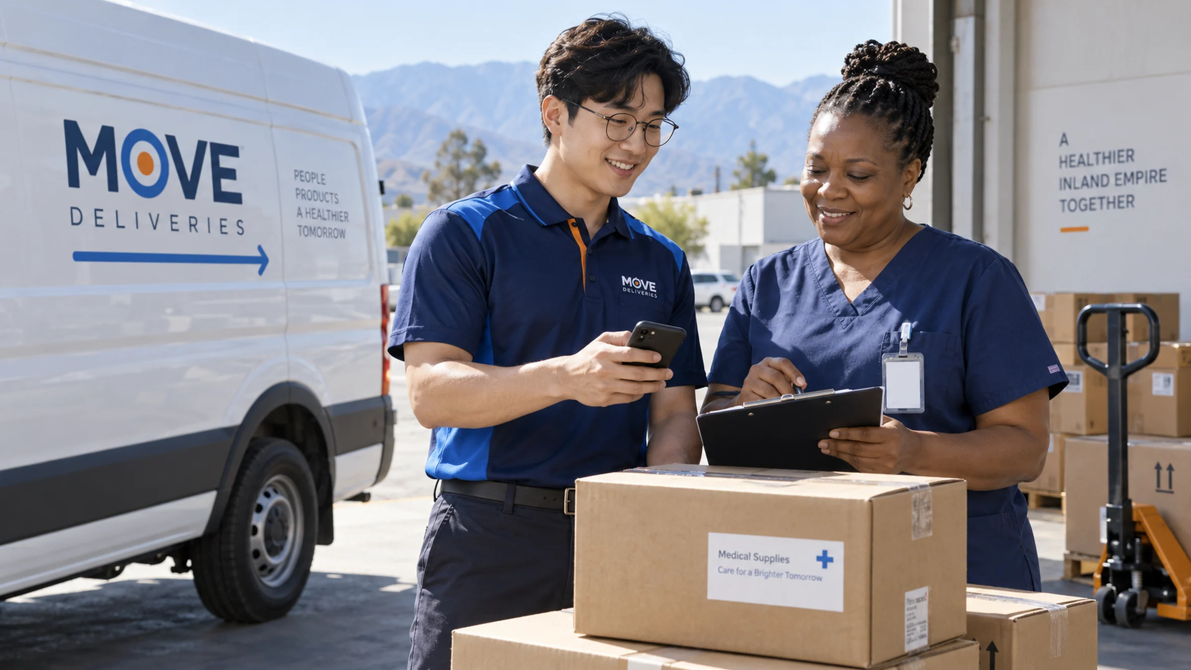 Illustrative Inland Empire courier and medical supplier manager verifying a sealed carton