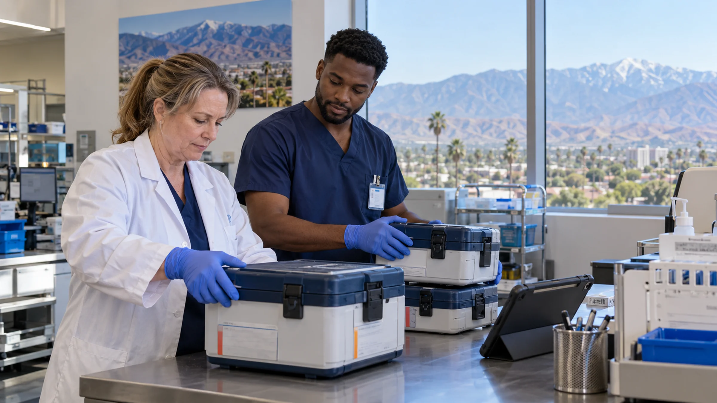 Illustrative San Bernardino valley laboratory receiving team preparing closed cases