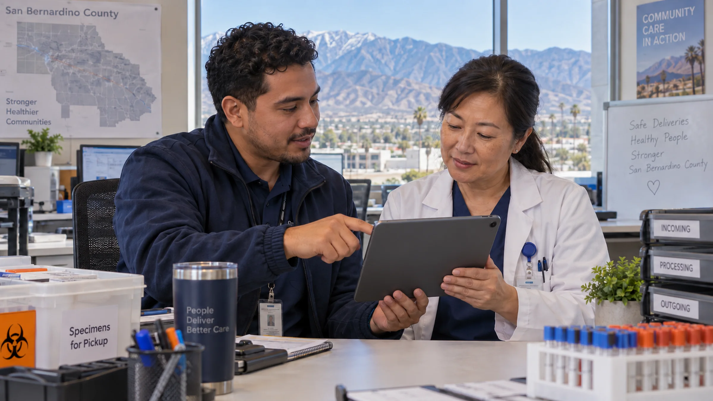 Illustrative San Bernardino County coordinator reviewing delivery instructions on a tablet