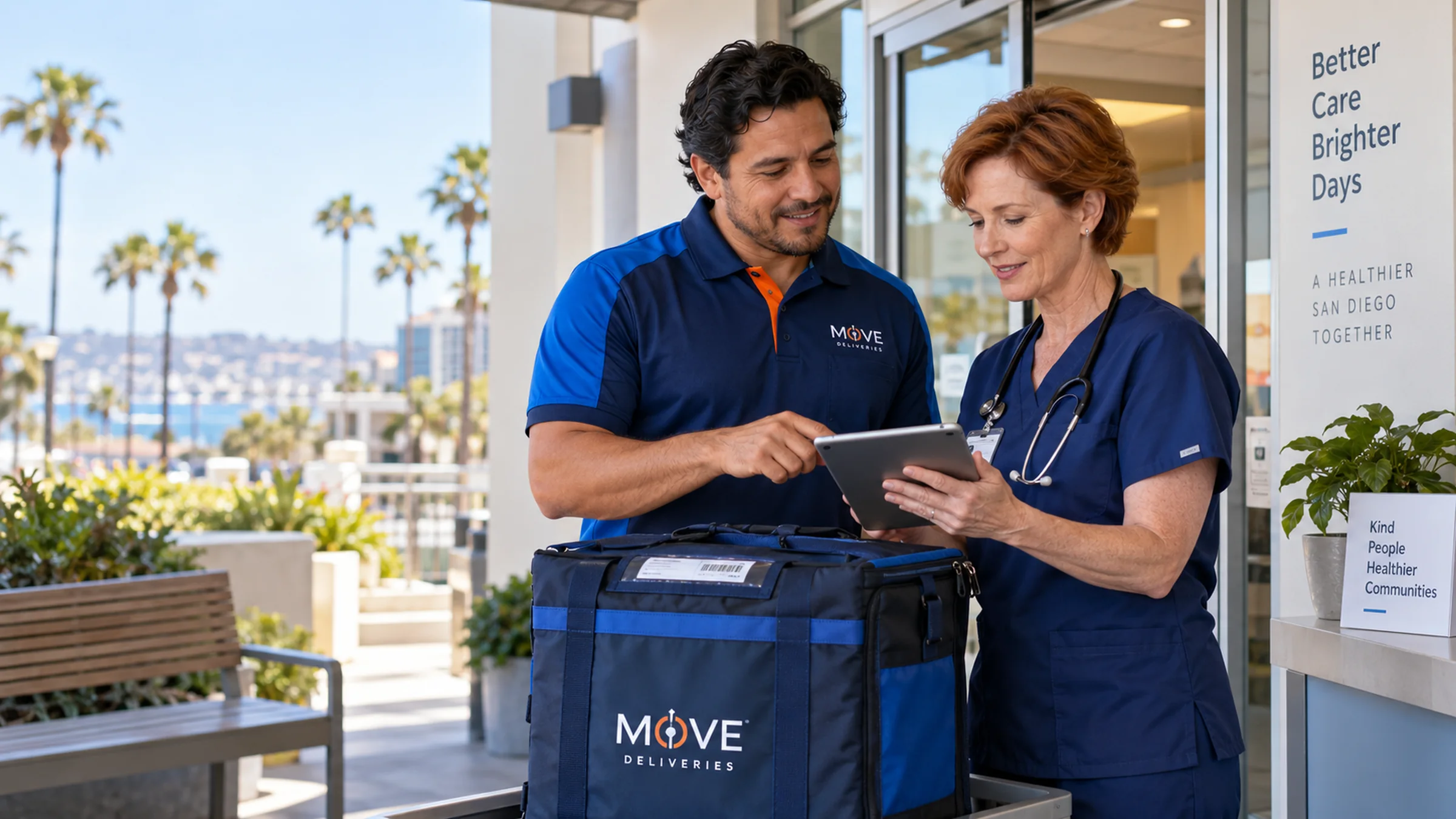Illustrative San Diego County courier and nurse reviewing a delivery confirmation