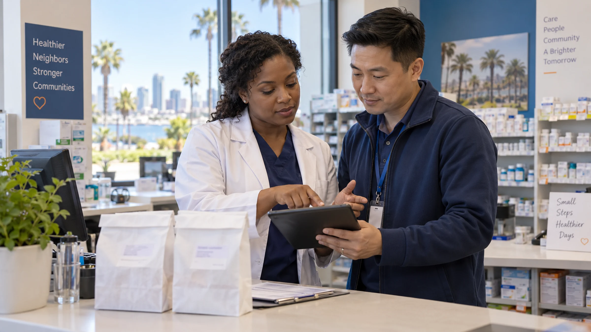 Illustrative San Diego pharmacy staff preparing a recipient handoff plan