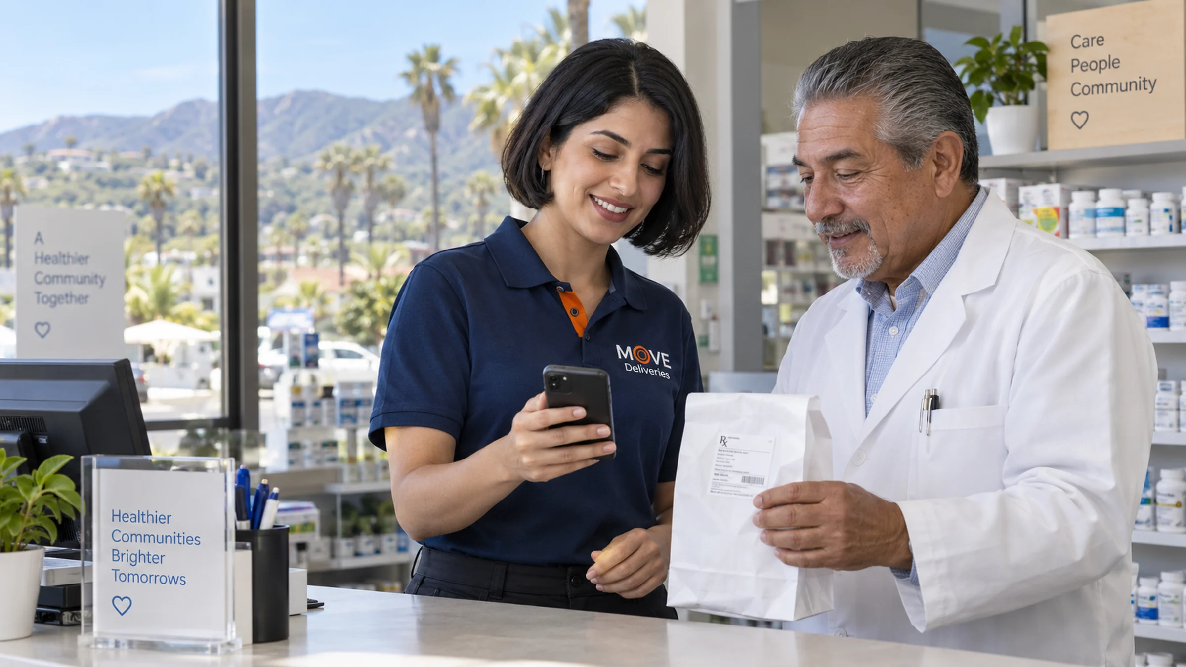 Illustrative Ventura County courier and pharmacy owner reviewing a sealed bag