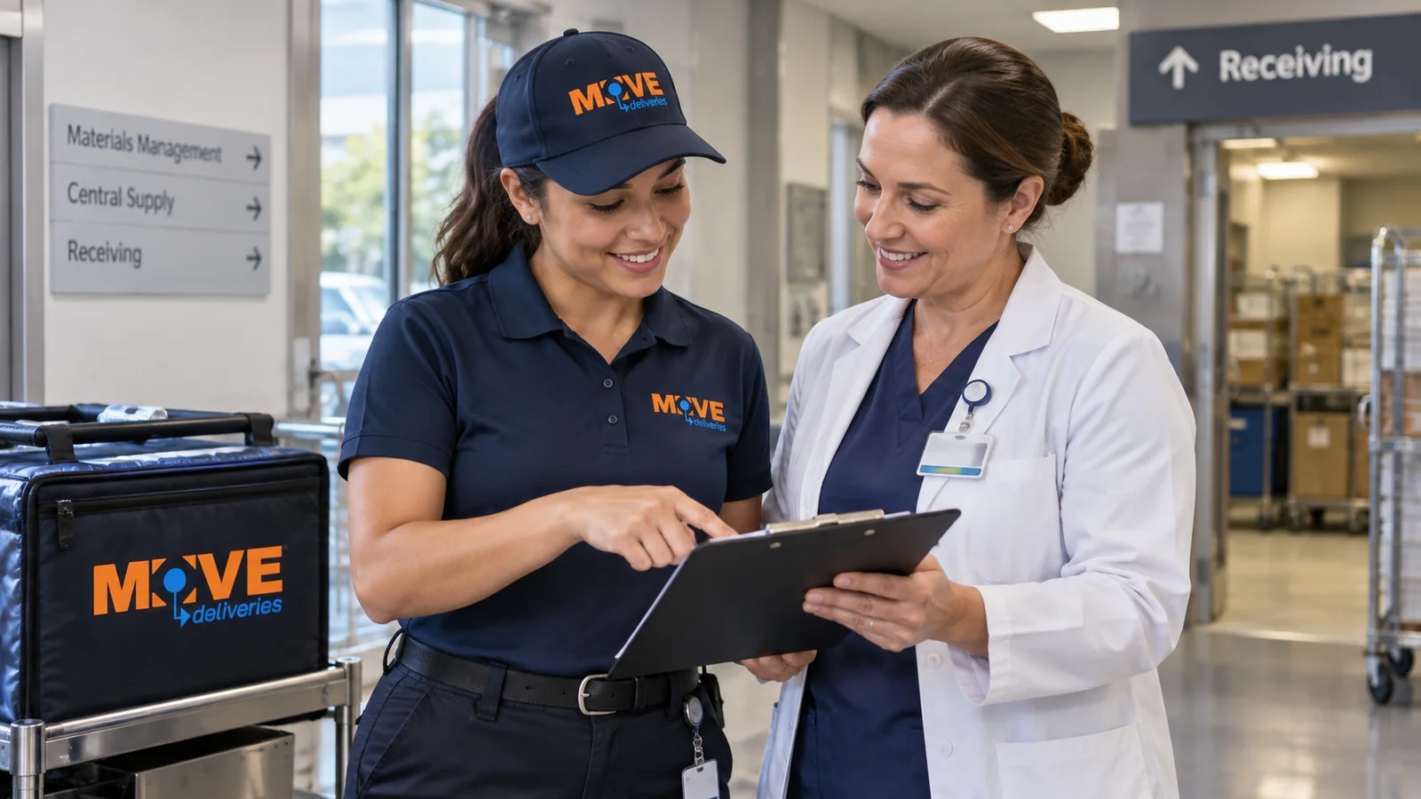 MOVE courier and operations manager reviewing hospital receiving instructions